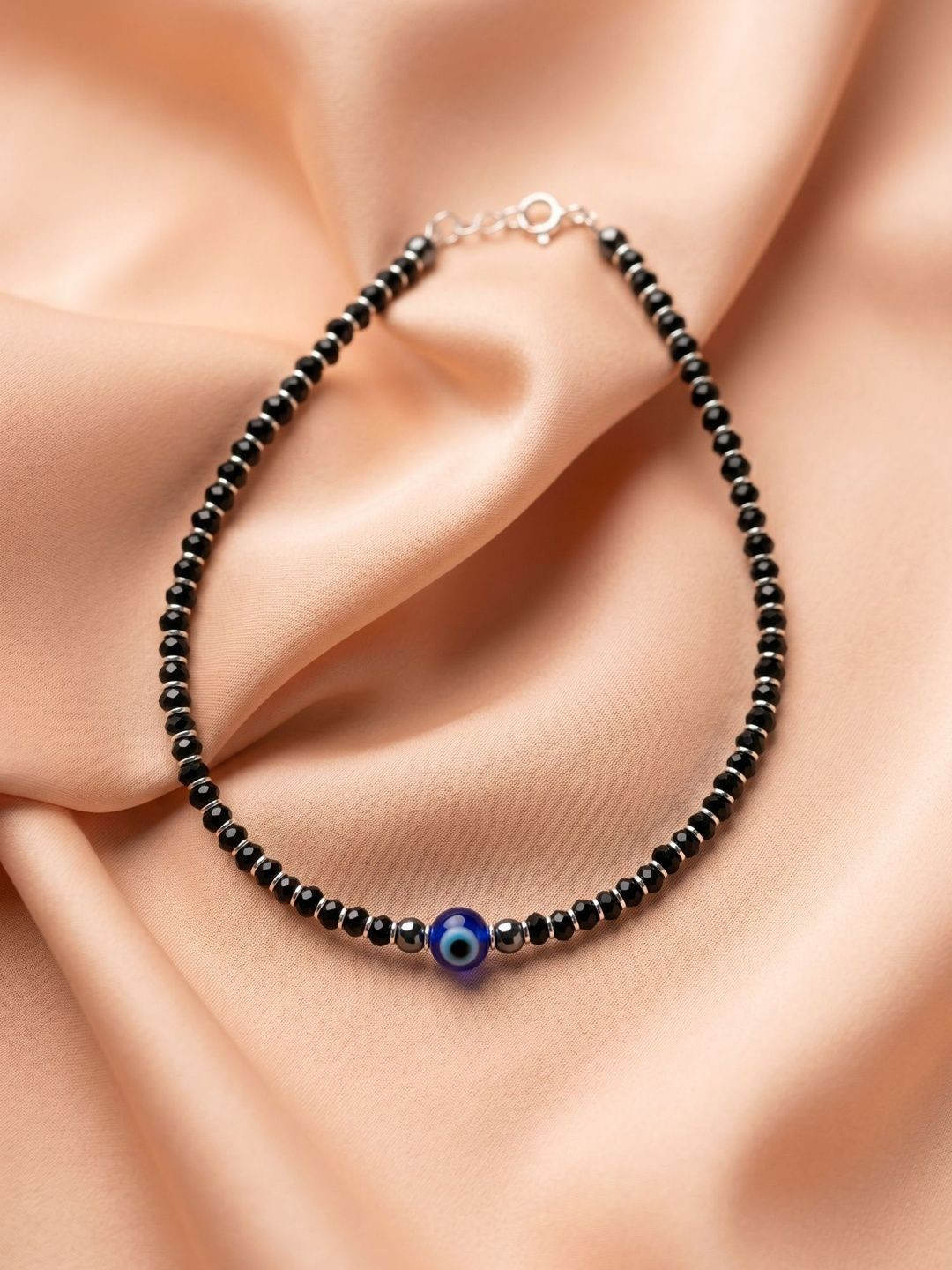 925 SILLER 925 Pure Sterling Silver Beaded Evil Eye Nazariya Anklet