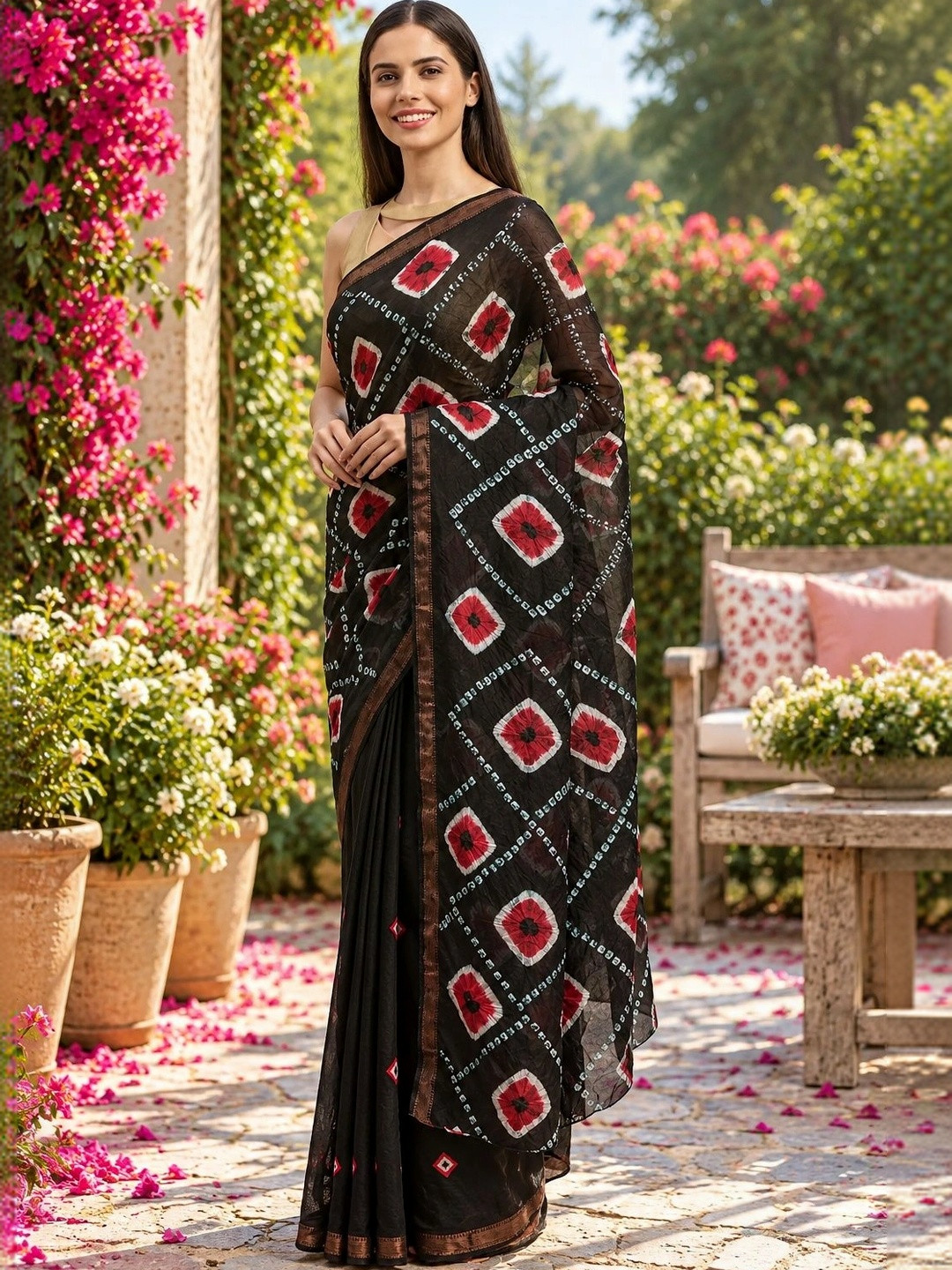 Geroo Jaipur Black & Red Bandhani Zari Art Silk Bandhani Saree