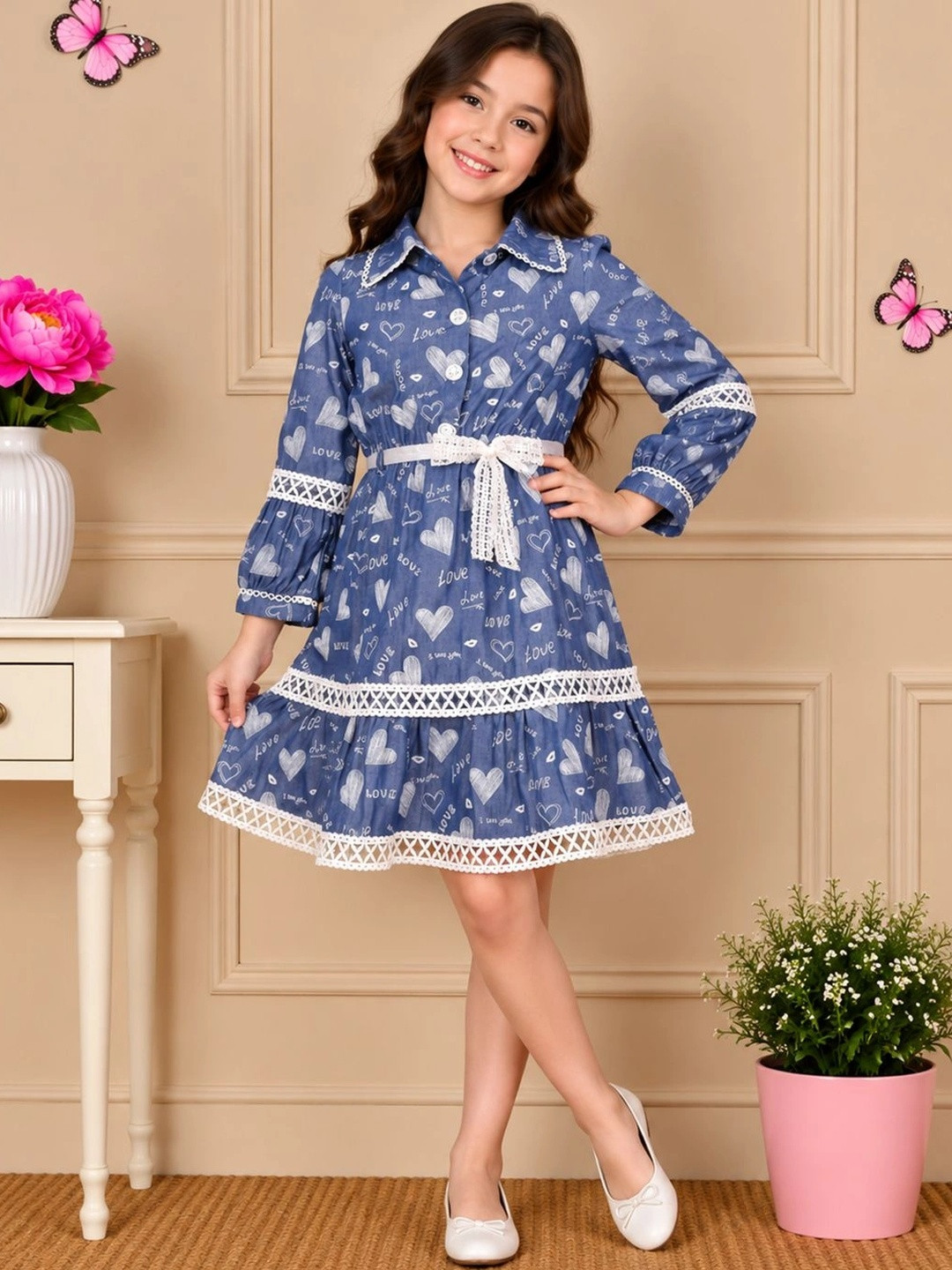 CUTECUMBER Girls Conversational Printed Shirt Collar Shirt Dress