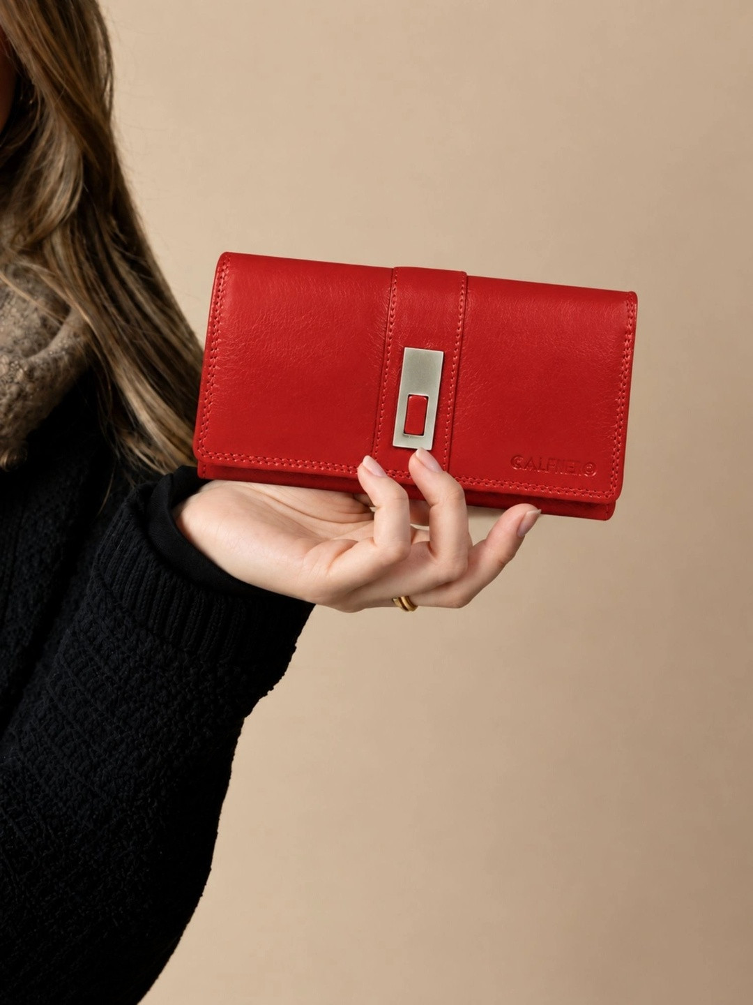 CALFNERO Red Solid Leather Purse Clutch