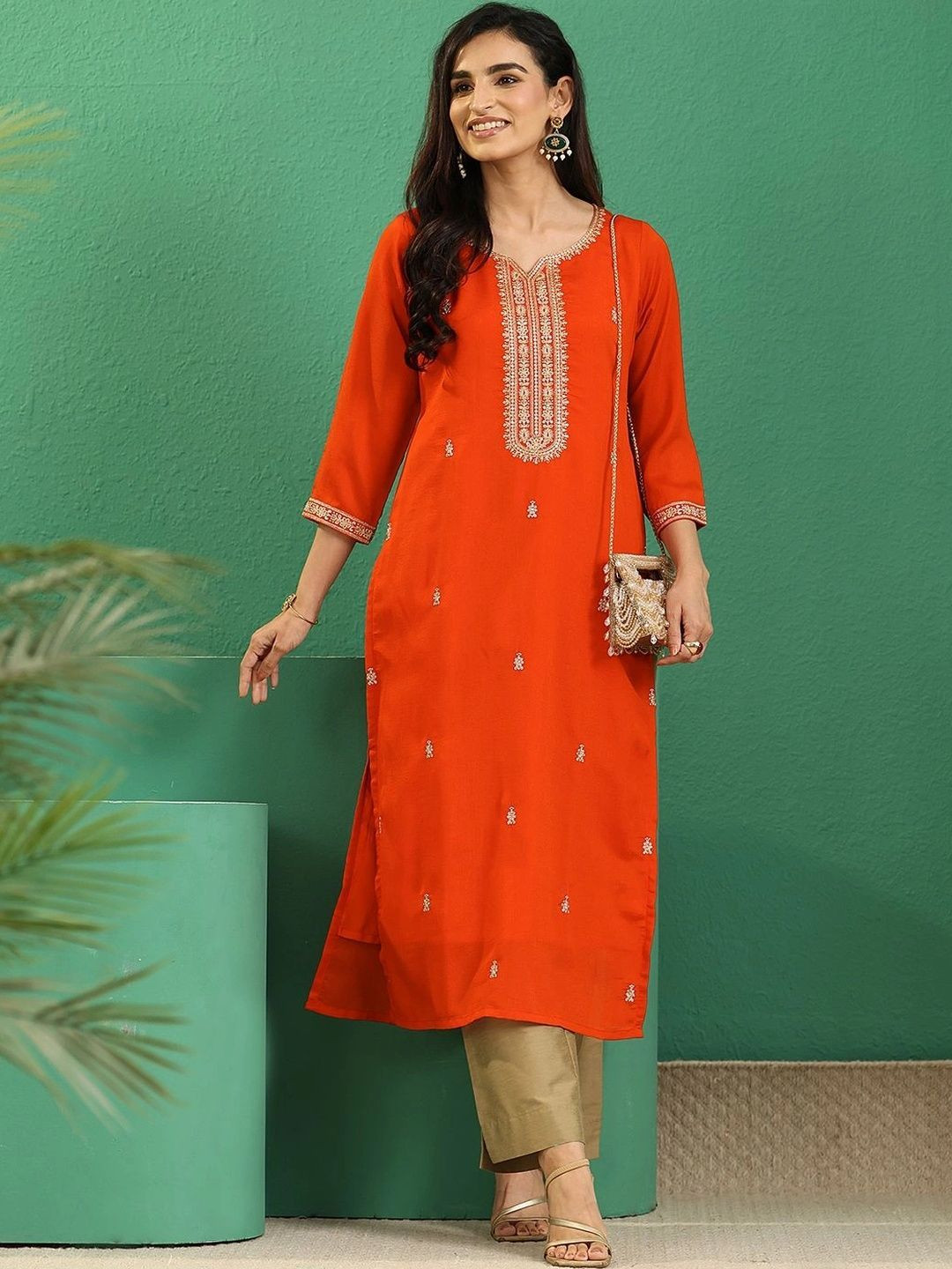 Libas Orange Yoke Embroidered Silk Blend Straight Kurta