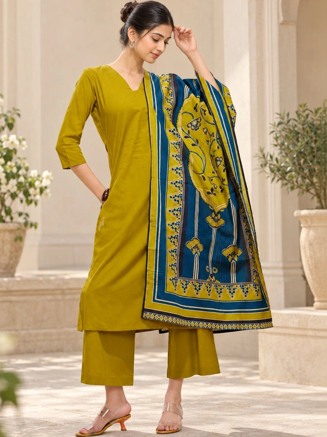 KALINI Ethnic Motifs Pure Cotton Kurta With Palazzos & Dupatta