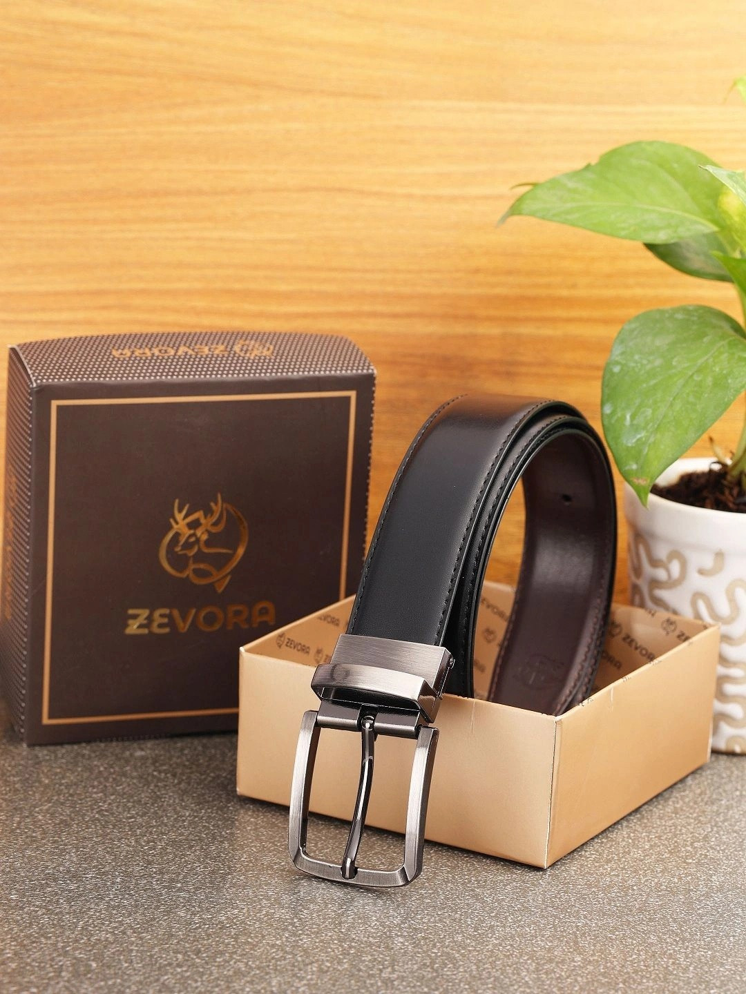ZEVORA Men Black Textured Reversible Formal Belt