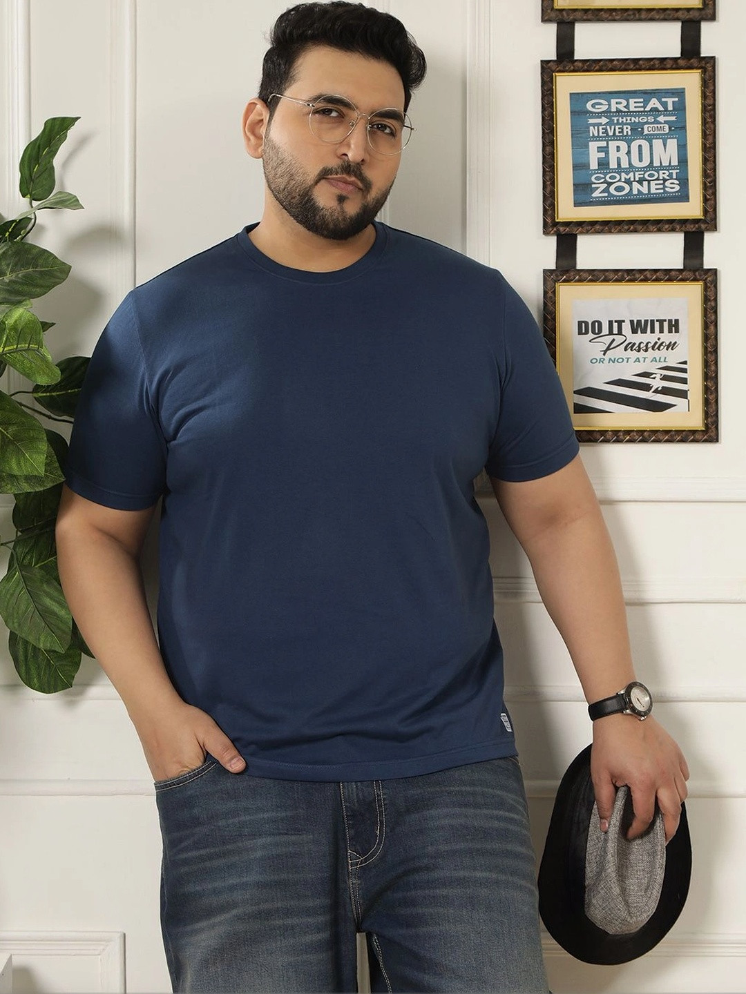 John Pride Men Plus Size Regular Fit Solid Short Sleeves Blue Round Neck T-Shirt