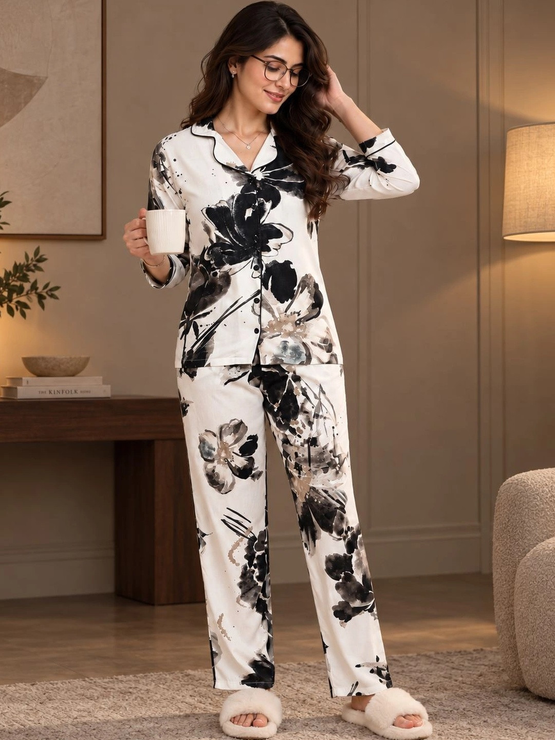 Claura Floral Printed Shirt With Pyjama Rayon Night Suit