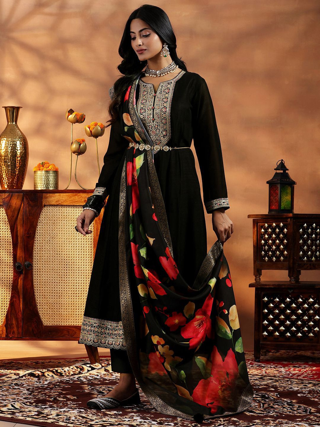 Libas Women Floral Yoke Design Panelled Kurta with Trousers & With Dupatta