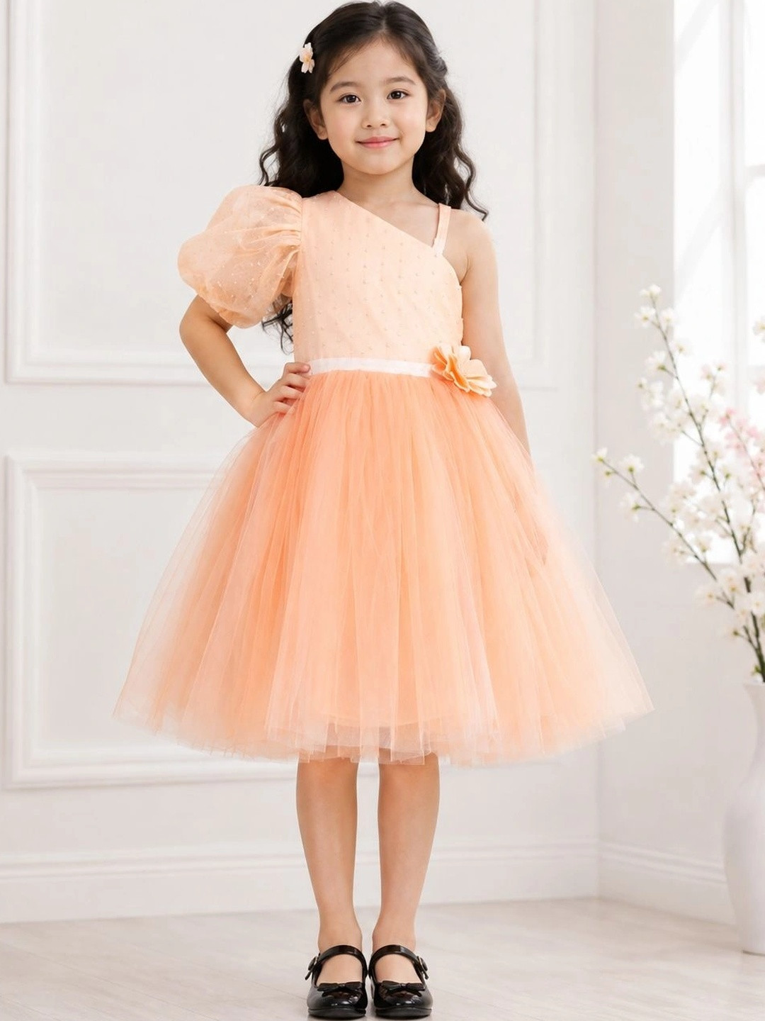 Toy Balloon kids Girls Self Design Tie-Ups Fit And Flare Knee Length Dress