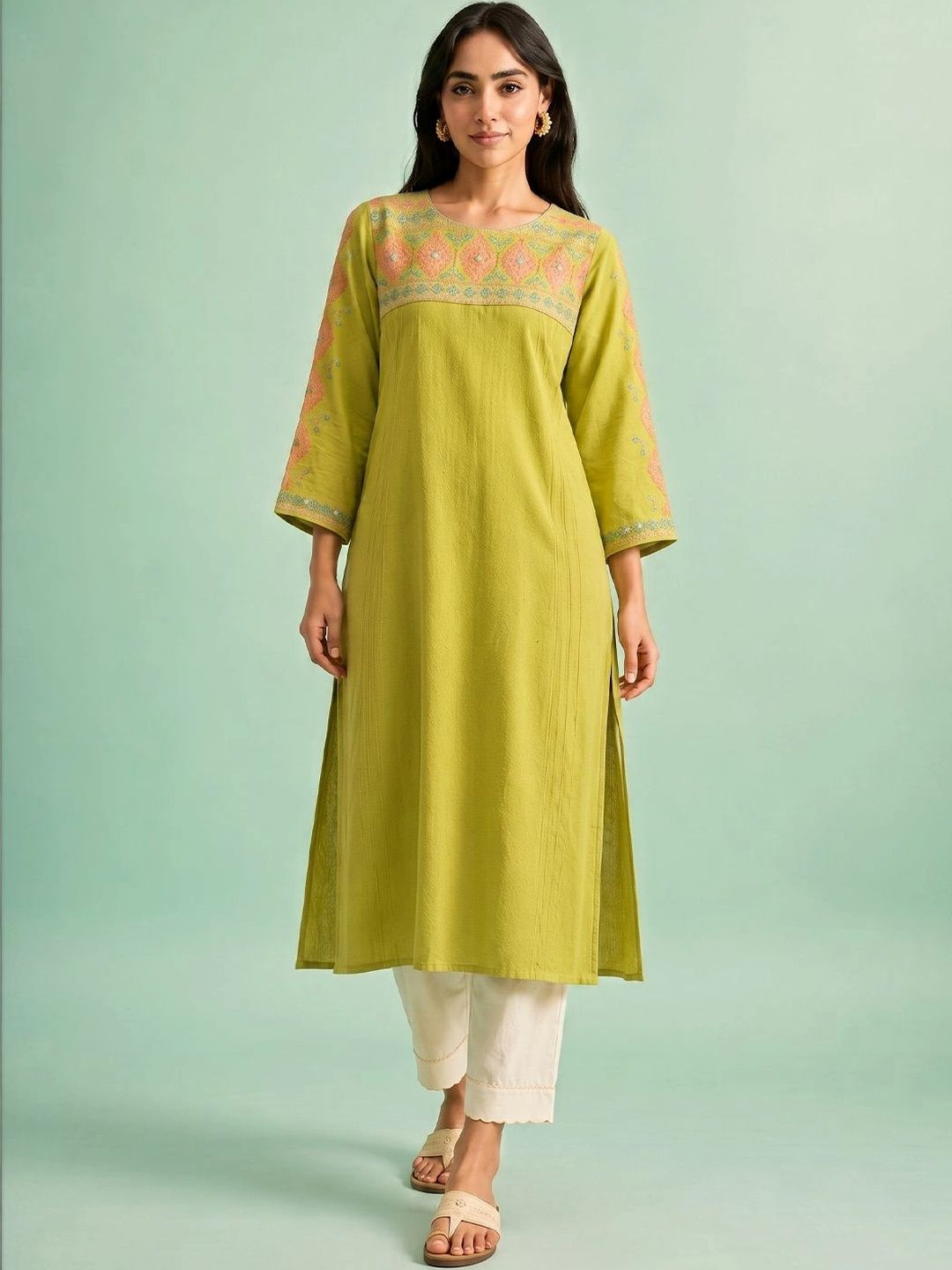 AADVIKA Women Embellished Flared Sleeves Thread Work Kurta