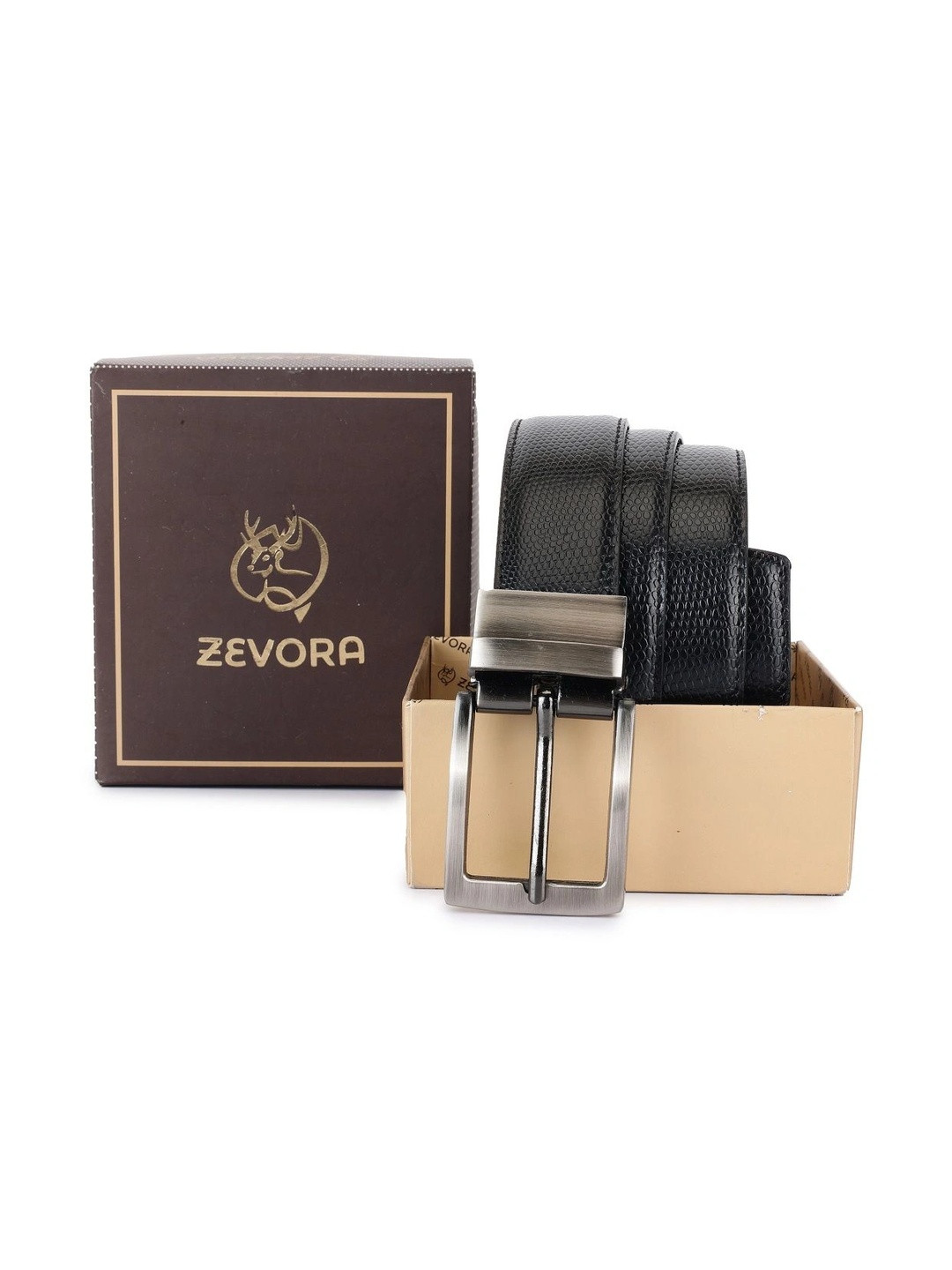ZEVORA Men Black Reversable Textured Belt
