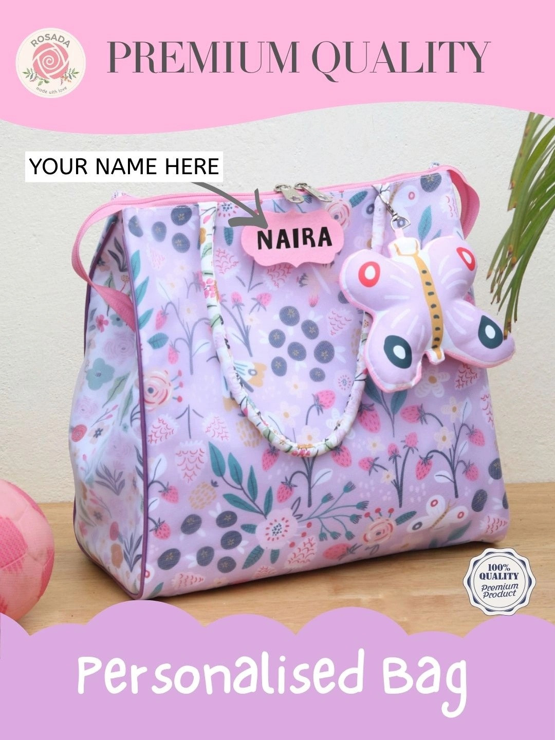 ROSADA Kids Printed Tote Bag with Name Personalisation, Keychain & Water-Resistant Fabric