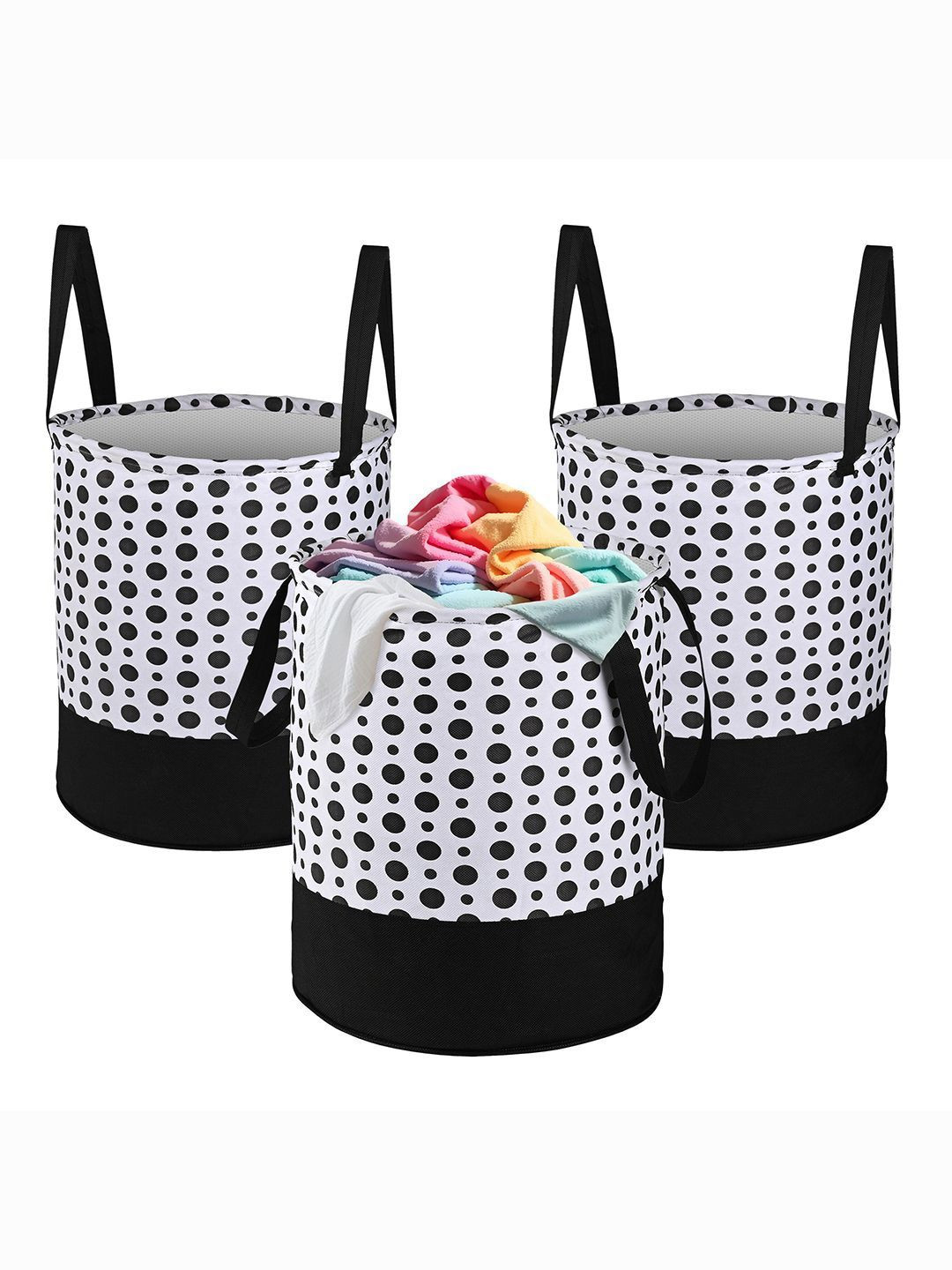 Kuber Industries Black & White 3 Pieces Polka Dots Printed Foldable Laundry Bags 45L Each