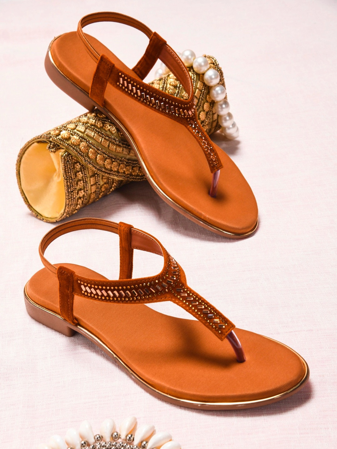 Padchin Women Embellished EthnicT-Strap Flats with Embroidered
