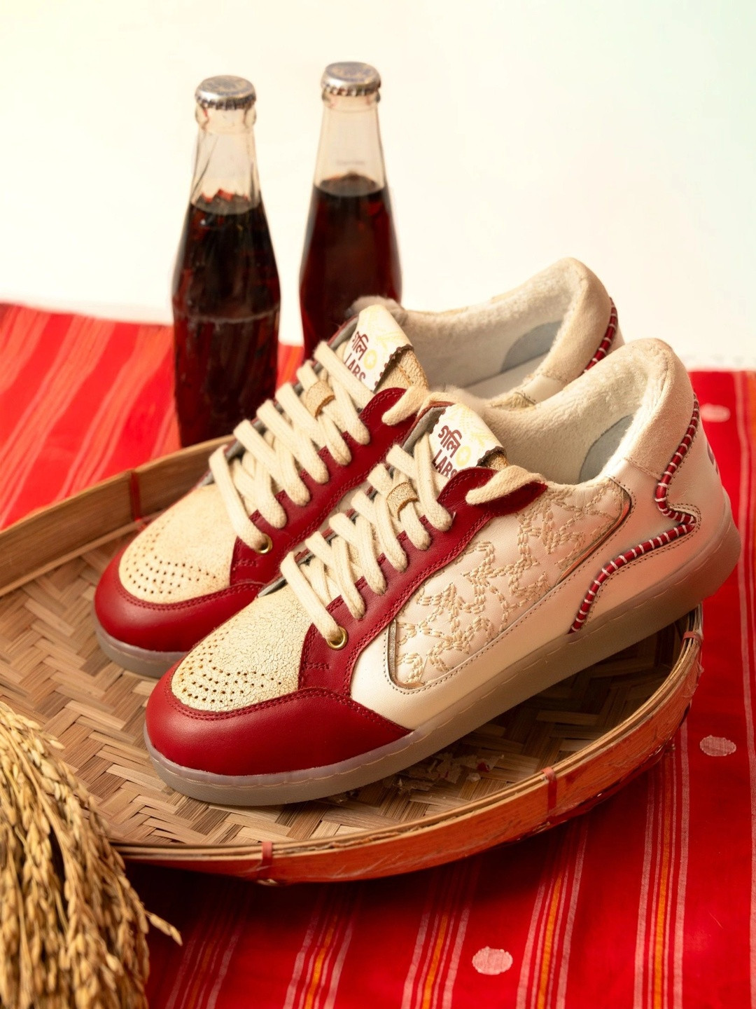 GULLYLABS Women Leather Embroidered Manik Red Ethnic Shoes