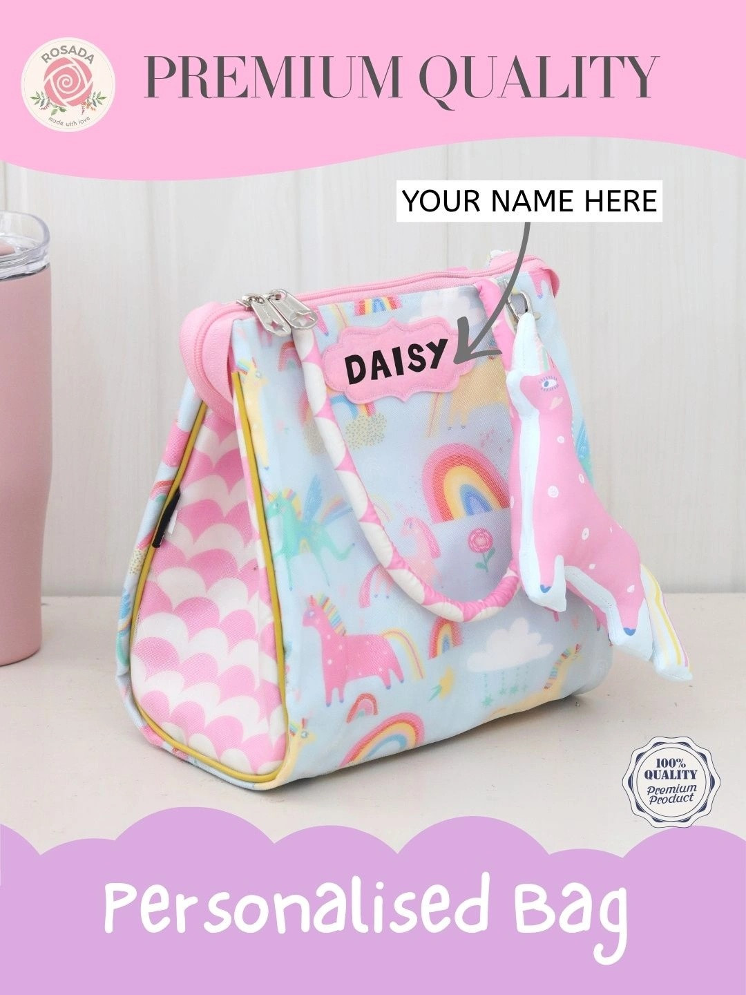 ROSADA Kids Printed Tiffin Bag with Name Personalisation, Keychain & Insulated Storage
