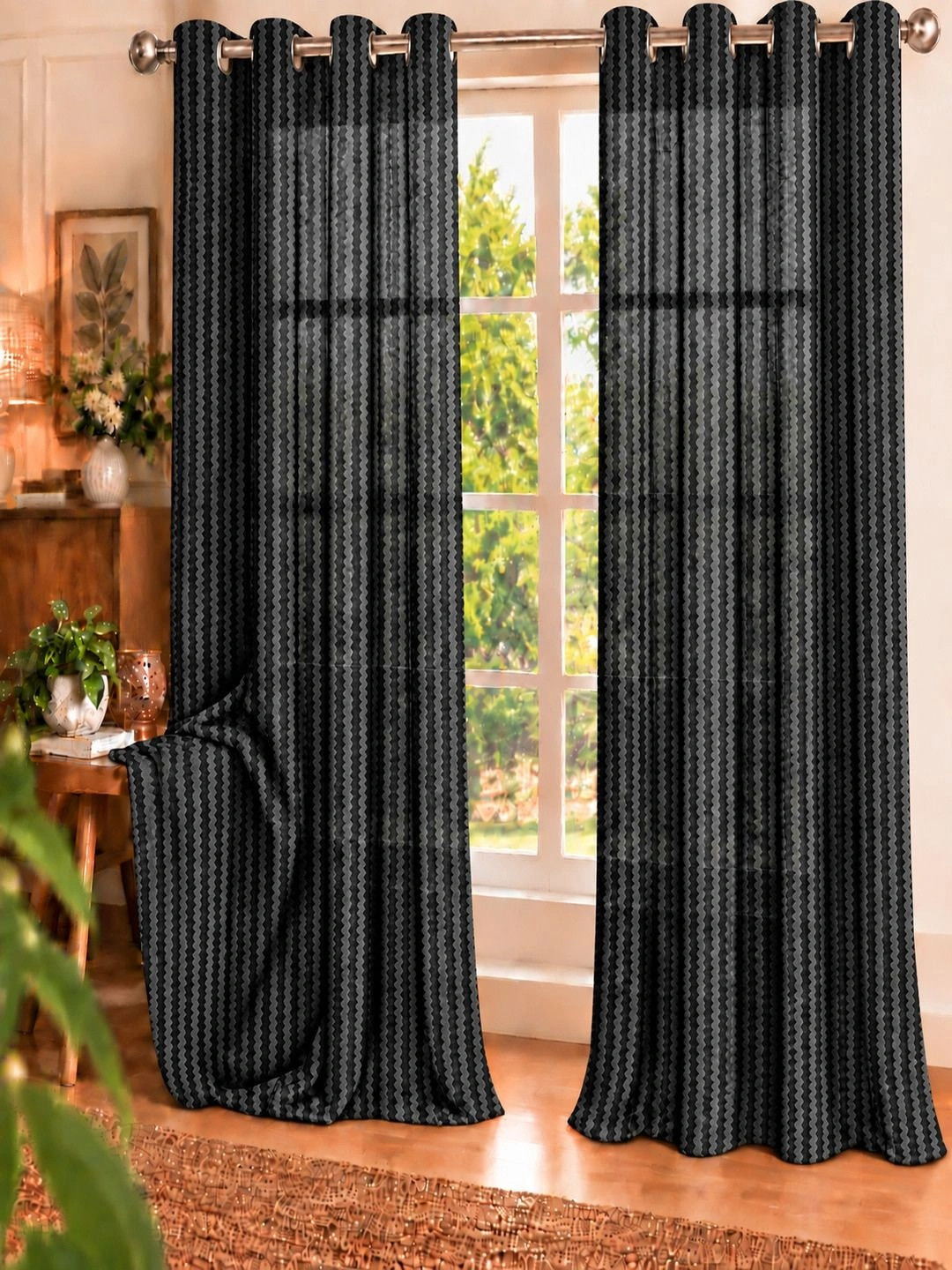 Cortina Black 2 Pieces Abstract Sheer Door Curtain