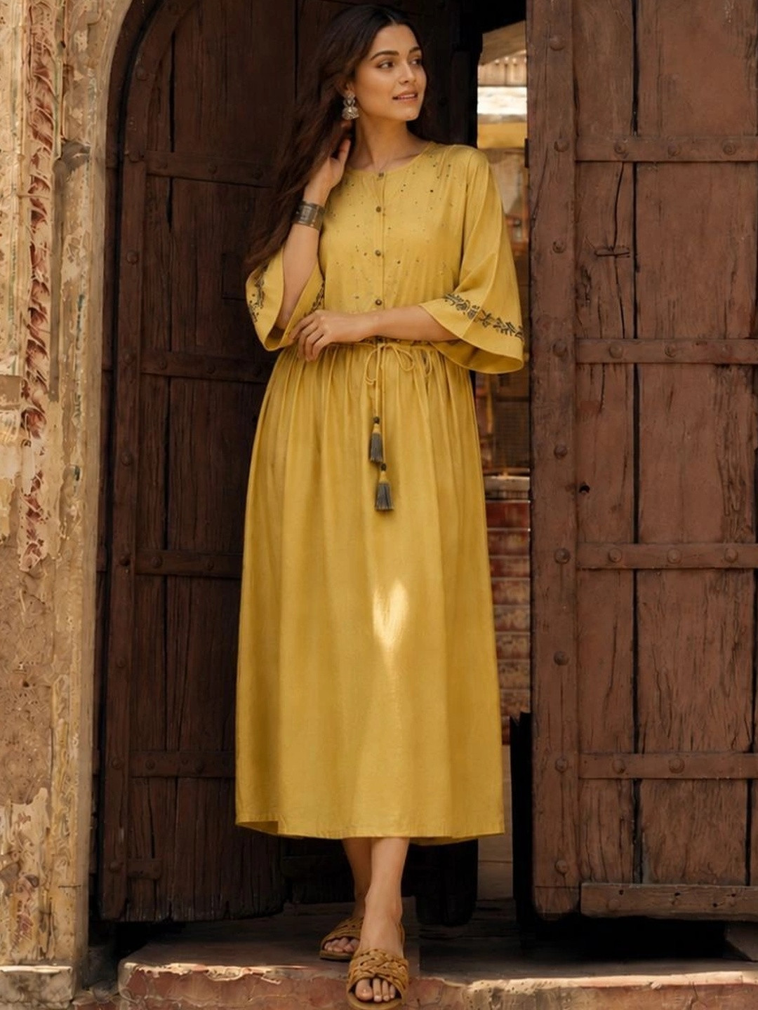 indo street Embroidered Bell Sleeves Midi A-Line Ethnic Dress