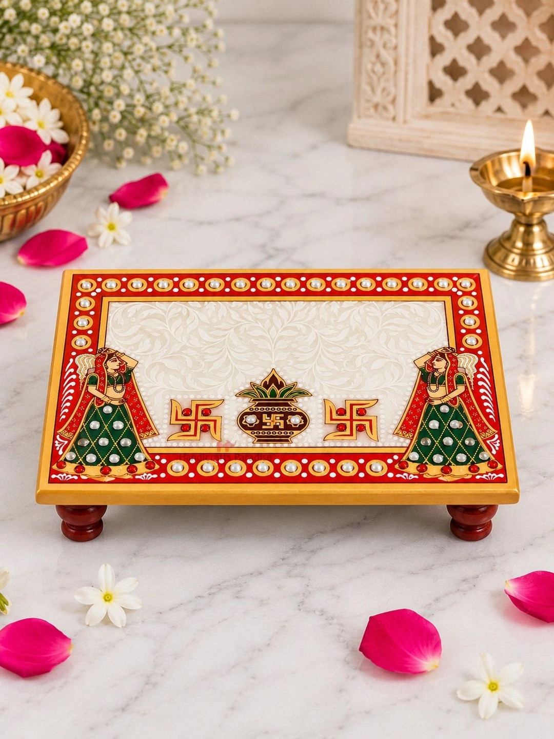HANDICRAFTS PARADISE Marble 2 Piece Hand Painted Ganesh Chaturthi Chowkie