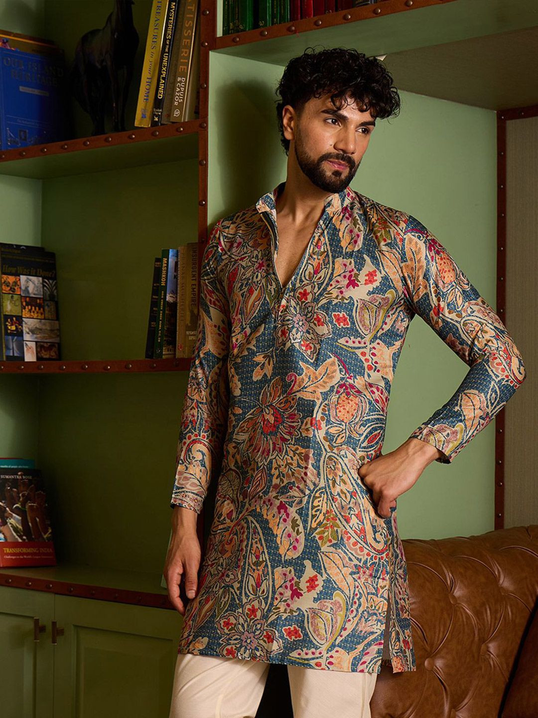 CHHAAP Floral Printed Mandarin Collar Straight Polyester Kurta