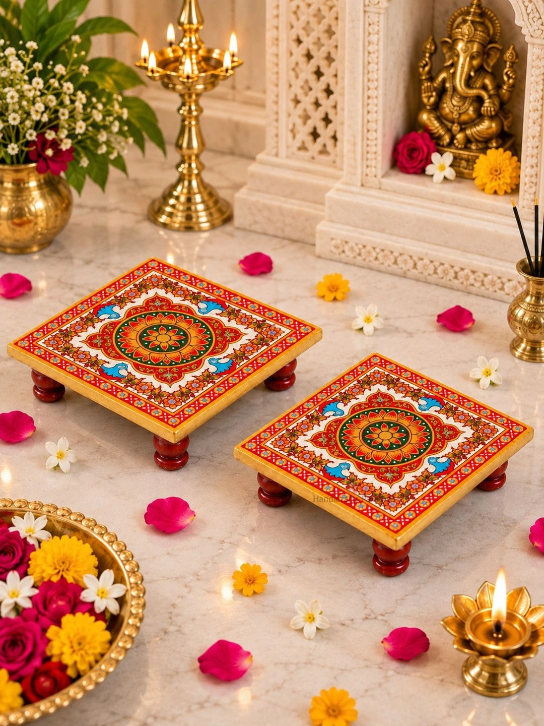 HANDICRAFTS PARADISE Floral Marble 2 Piece Hand Painted Ganesh Chaturthi Chowkie