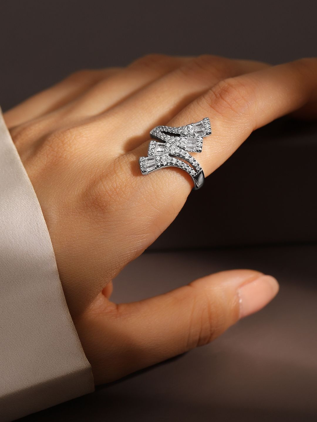 Rubans Rhodium Plated Baguette & Cubic Zirconia Studded Adjustable Openable Statement Ring