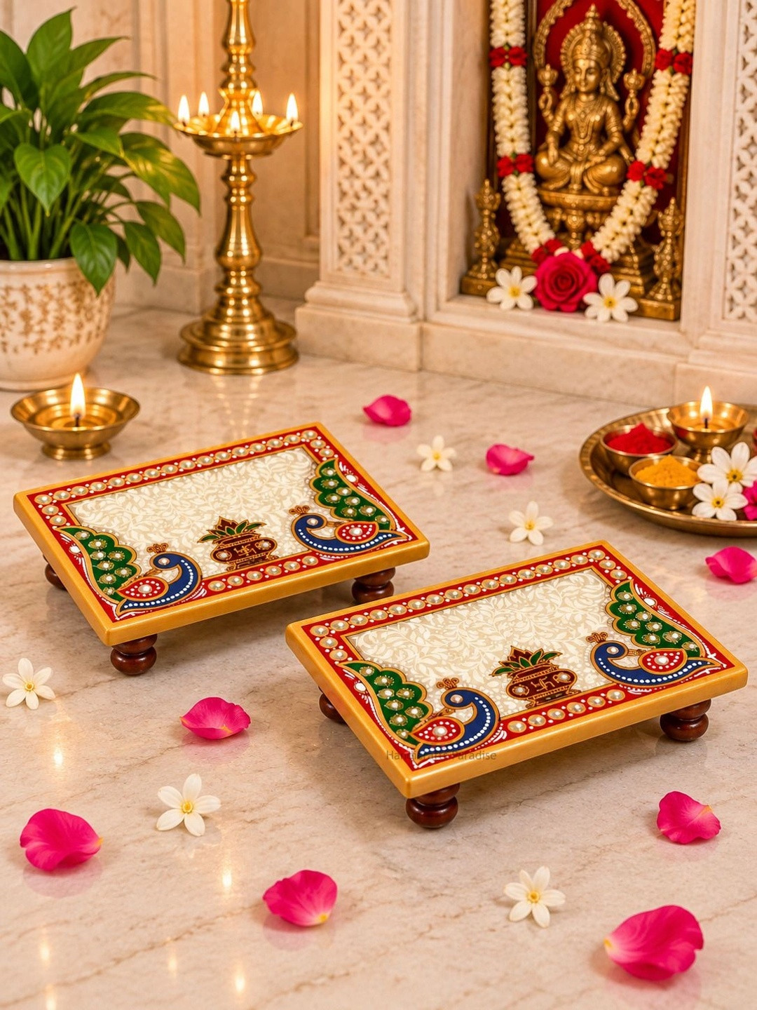 HANDICRAFTS PARADISE Peacock Marble 2 Piece Easy to Clean Ganesh Chaturthi Chowkie