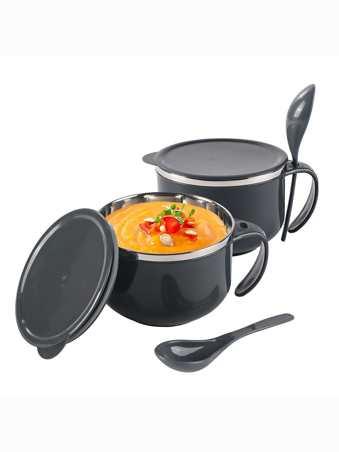 Kuber Industries Grey 2 Pieces Stainless Steel Soup Bowl with Spoon & Holder - 600 ml Each