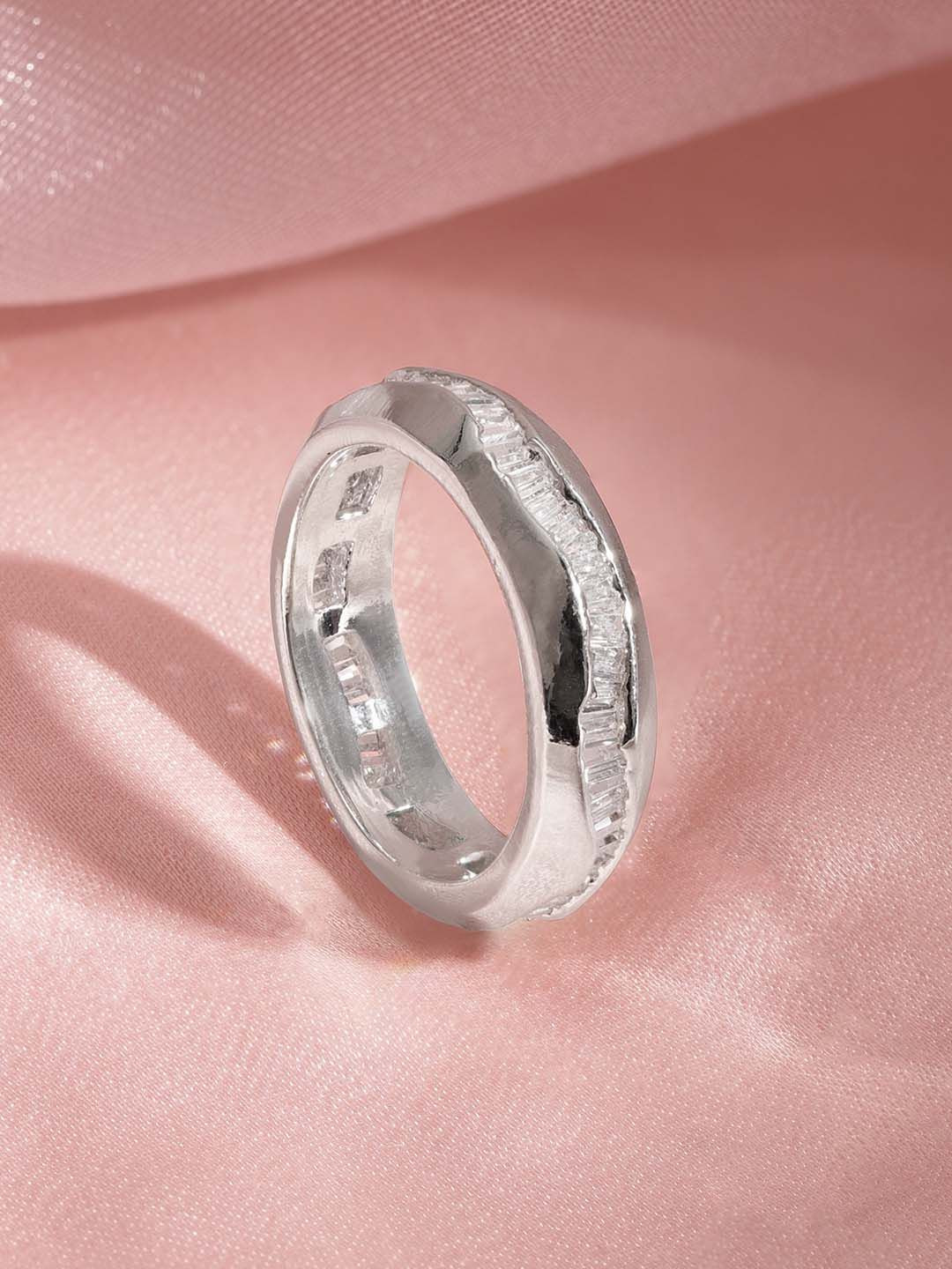 Rubans Rhodium Plated White Baguette Cubic Zirconia Studded Wave Design Band Ring