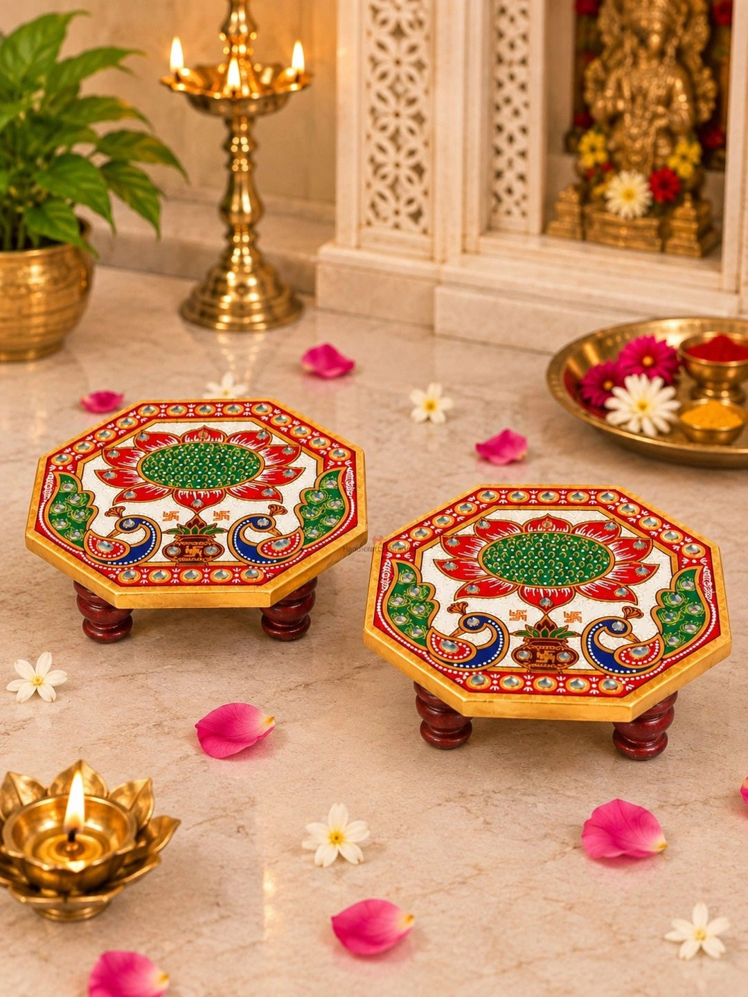 HANDICRAFTS PARADISE Peacock Marble 2 Piece Easy to Clean Ganesh Chaturthi Chowkie