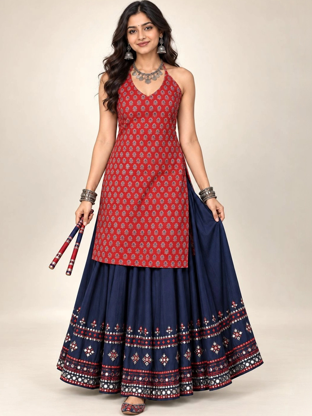 Varanga Ethnic Motifs Printed Halter Neck Kurti