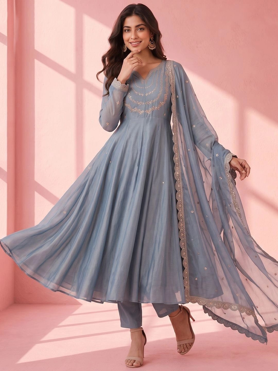 SACi Women Ethnic Motifs Embroidered Regular Kurta with Trousers & With Dupatta
