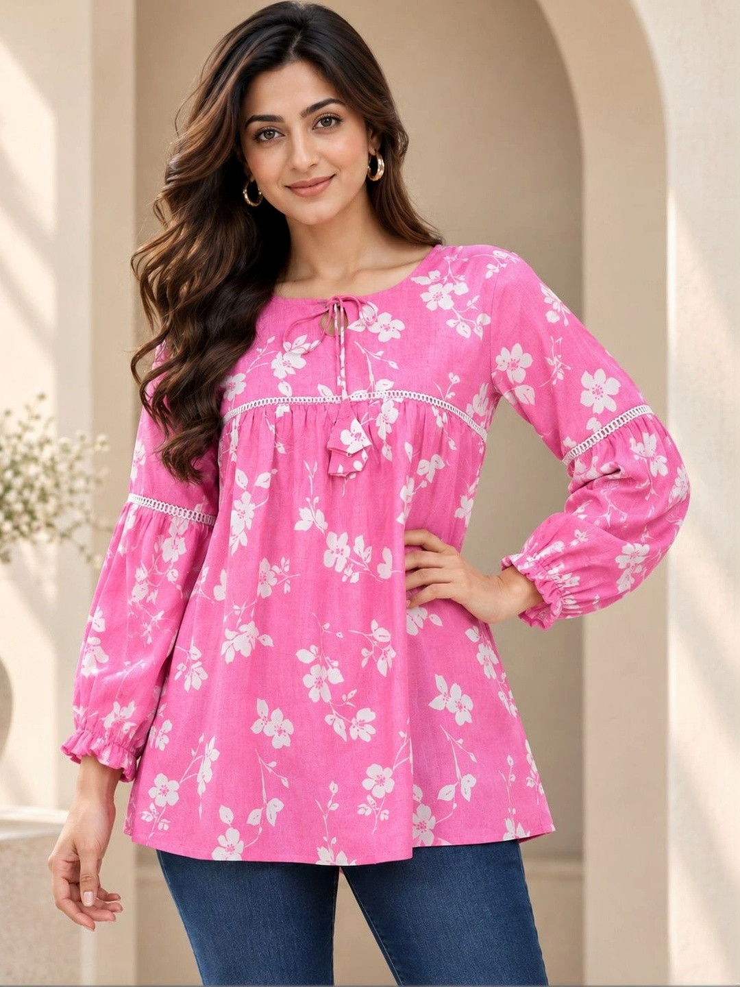 MEWEAR Floral Print Tie-Up Neck Cotton Top