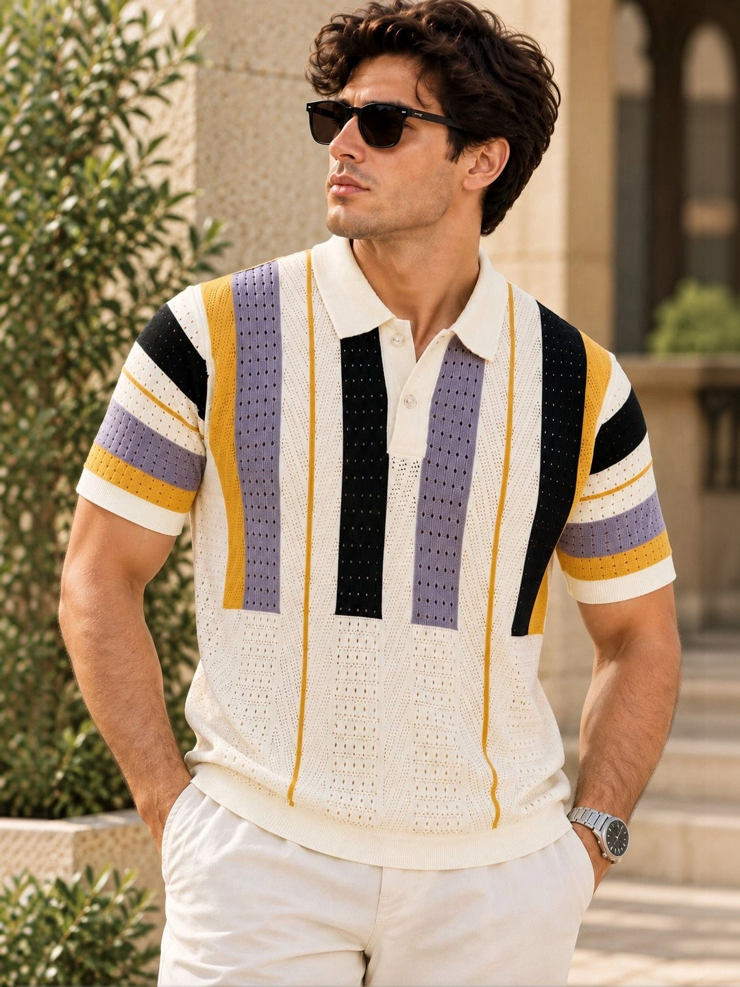 Raimbera Men Striped Polo Collar T-shirt