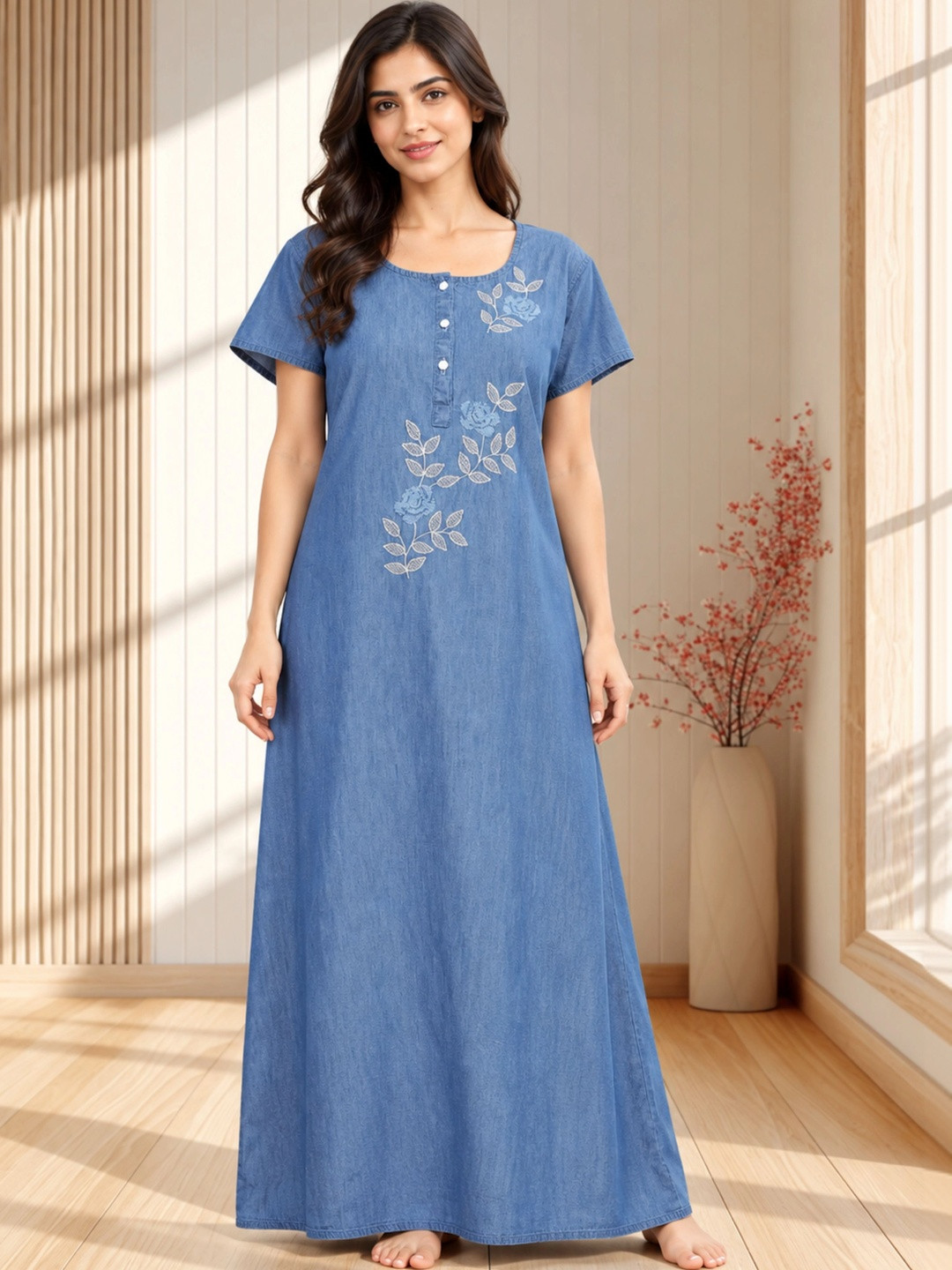 9shines Label Women Embroidered A Line Denim Maxi Nightdress