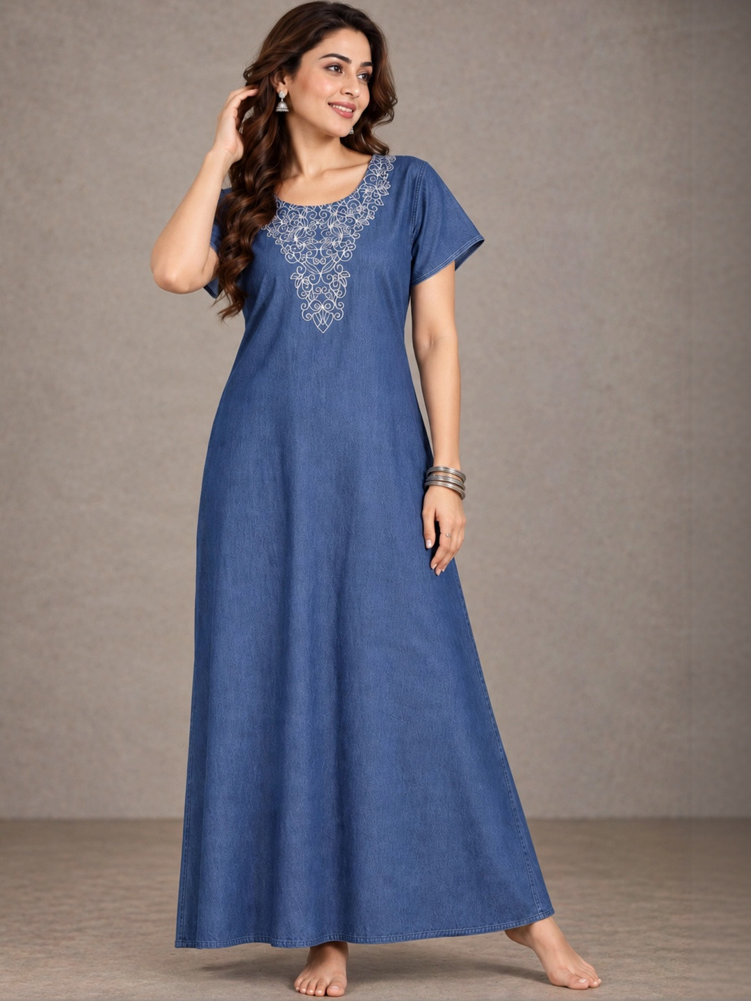 9shines Label Embroidered Pure Cotton Maxi Nightdress