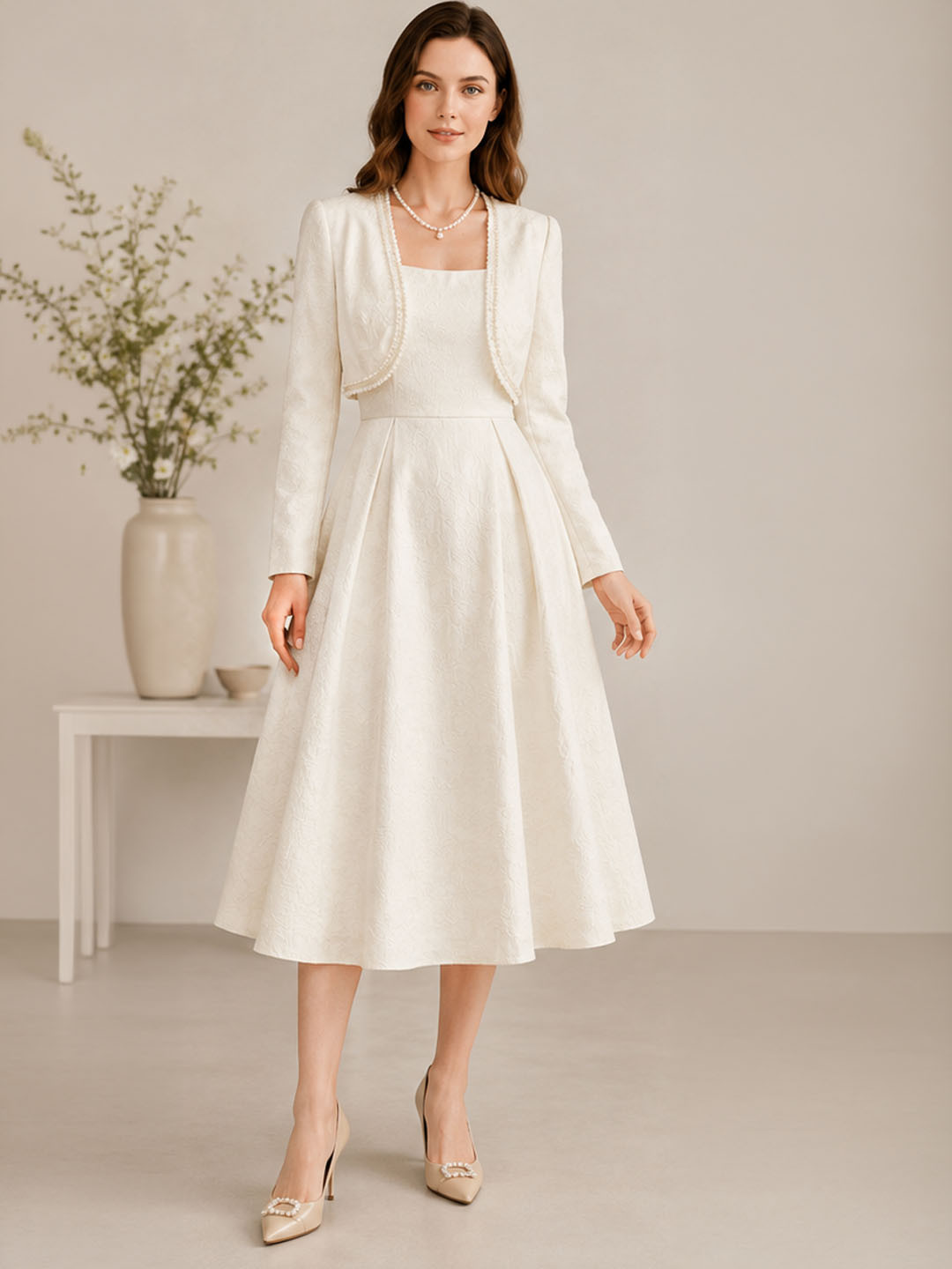 Elegant Jacquard Midi Dress with Long Sleeves