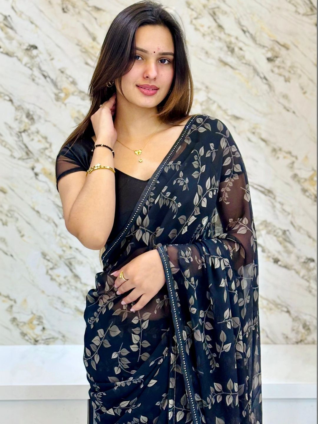 TELIRAJ FASHIONS Floral Sequinned Pure Georgette Designer Black Printed Saree
