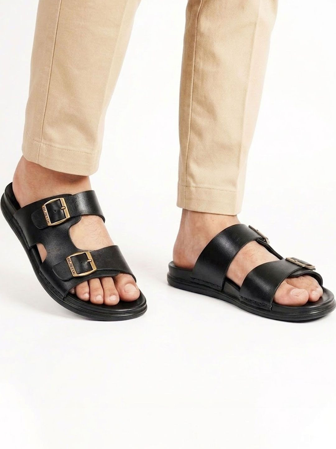 RUSTIK Men Black Textured Synthetic Leather Comfort Sandals With Dual Buckle Straps