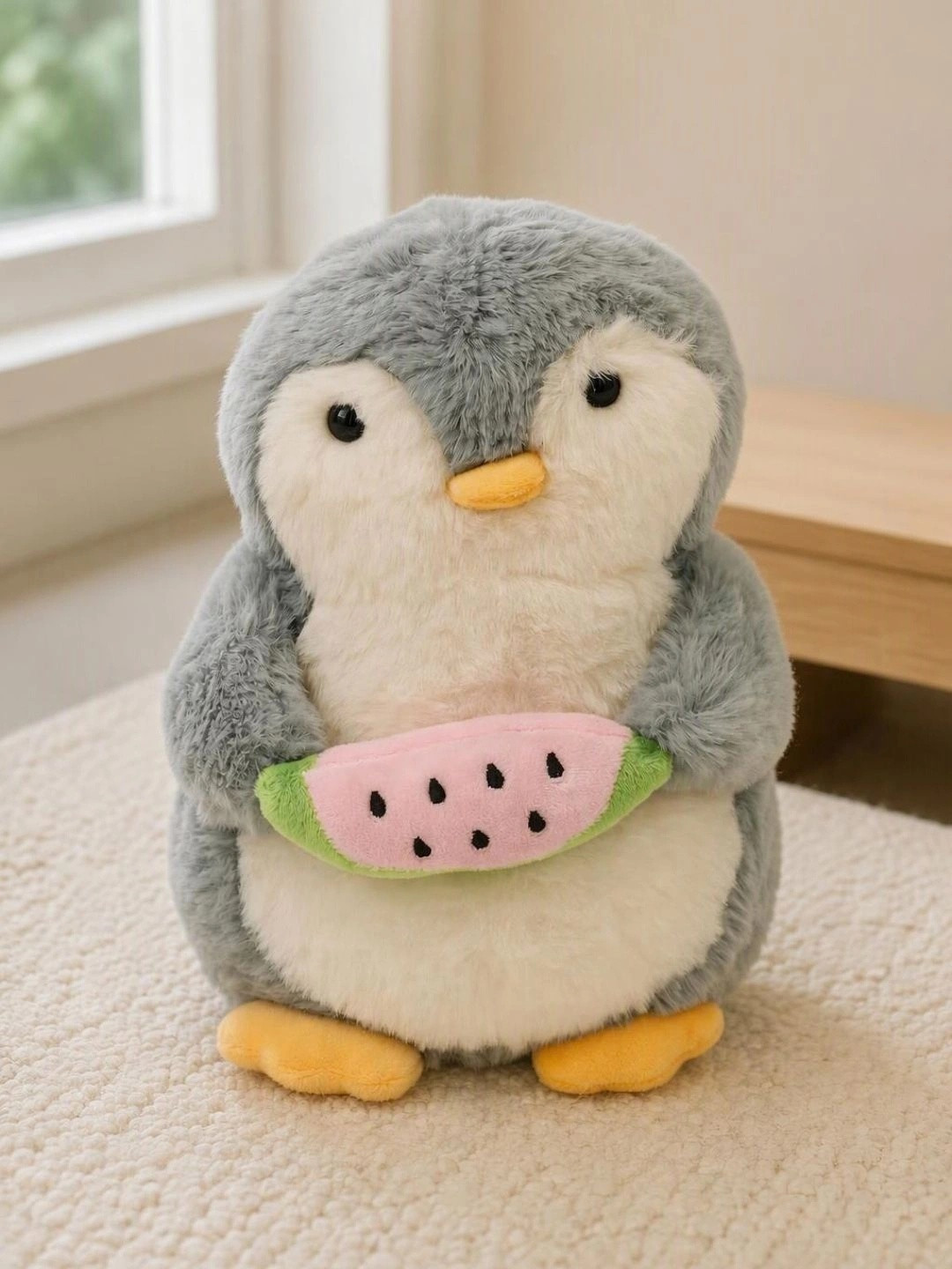 DukieKooky Kids Grey & White Penguin With Fruit Soft Toy