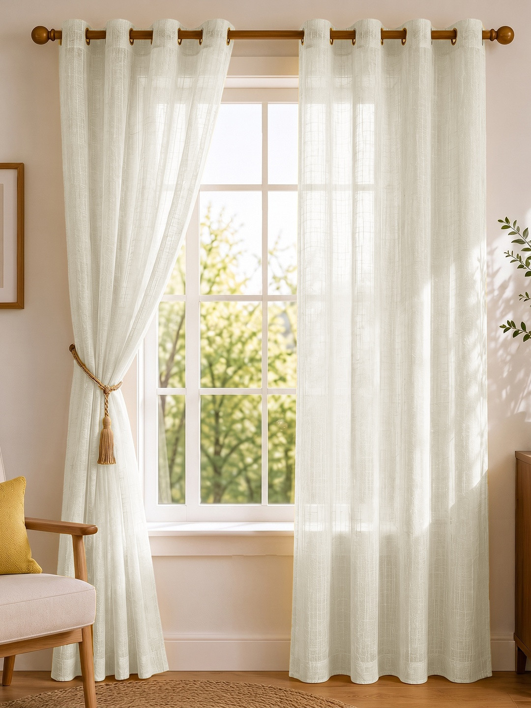 HOMEMONDE White Set of 2 Cotton Solid Sheer Long Door Curtains