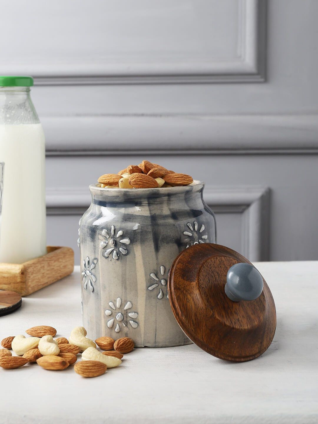 Miah Decor Grey Floral Ceramic Air Tight Canister 500ml with Wooden Lid