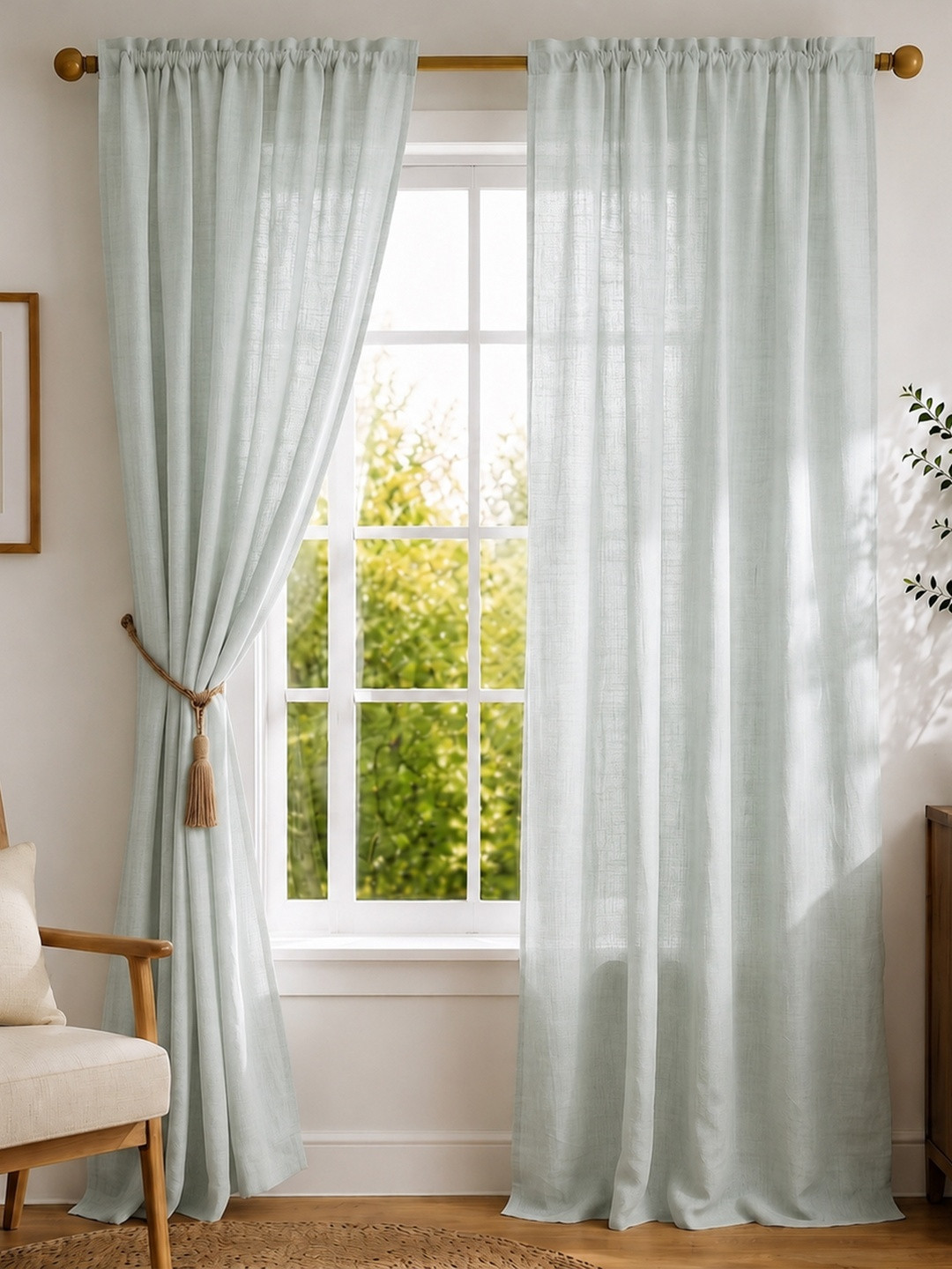 HOMEMONDE Set of 2 Sheer Solid Cotton Rod Pocket Long Door Curtains - 9 Feet