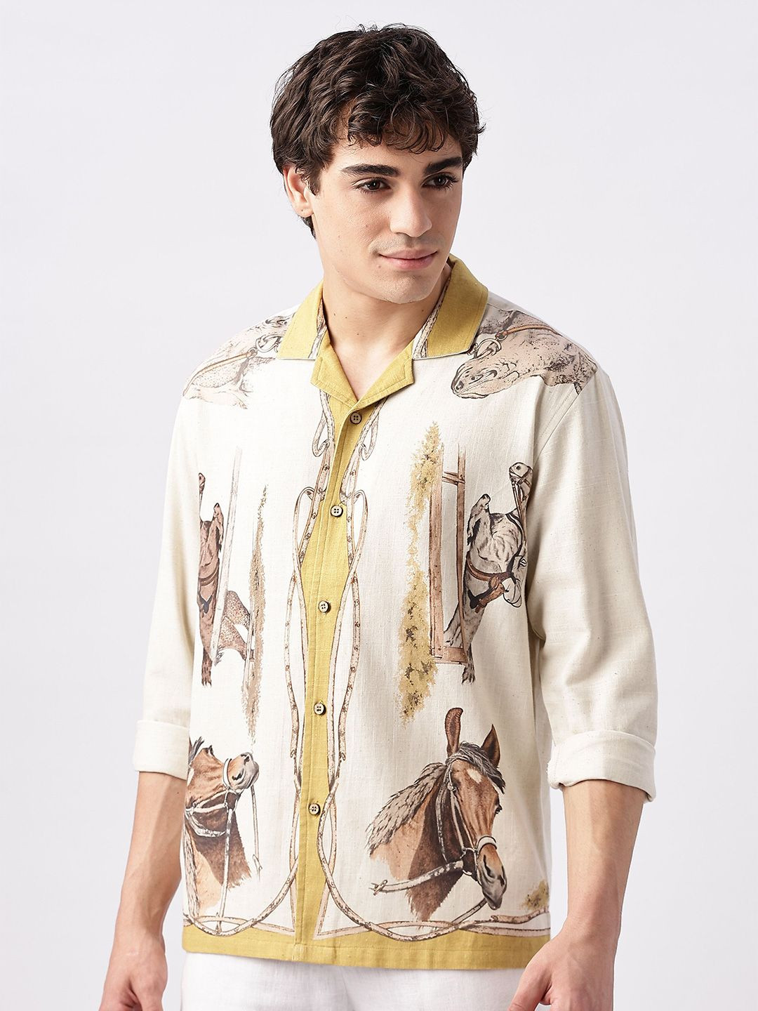 HAMPTONS Animal Printed Cuban Collar Cotton Casual Shirt