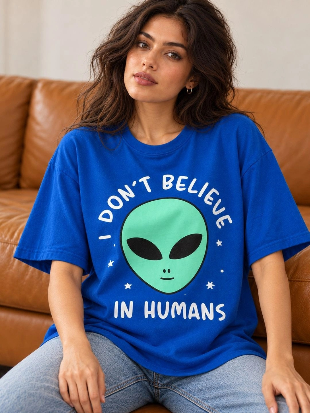 Lounge Dreams Women Blue Printed Pure Cotton Oversized T-shirt