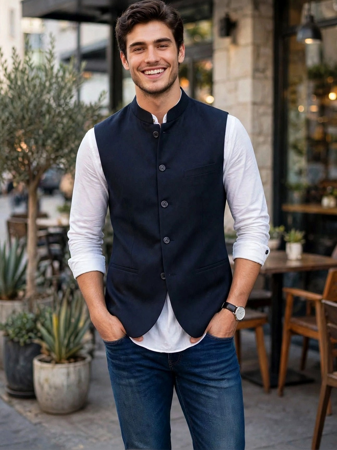 BAESD Mandarin Collar Satin Nehru Jacket