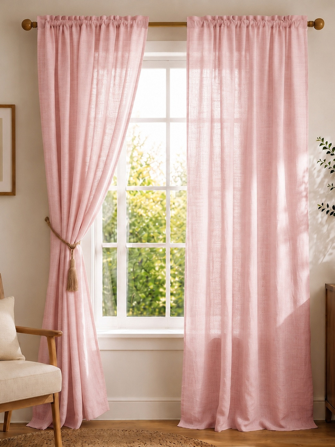 HOMEMONDE Pink 2 Pieces Solid Sheer Rod Pocket Cotton Door Curtains