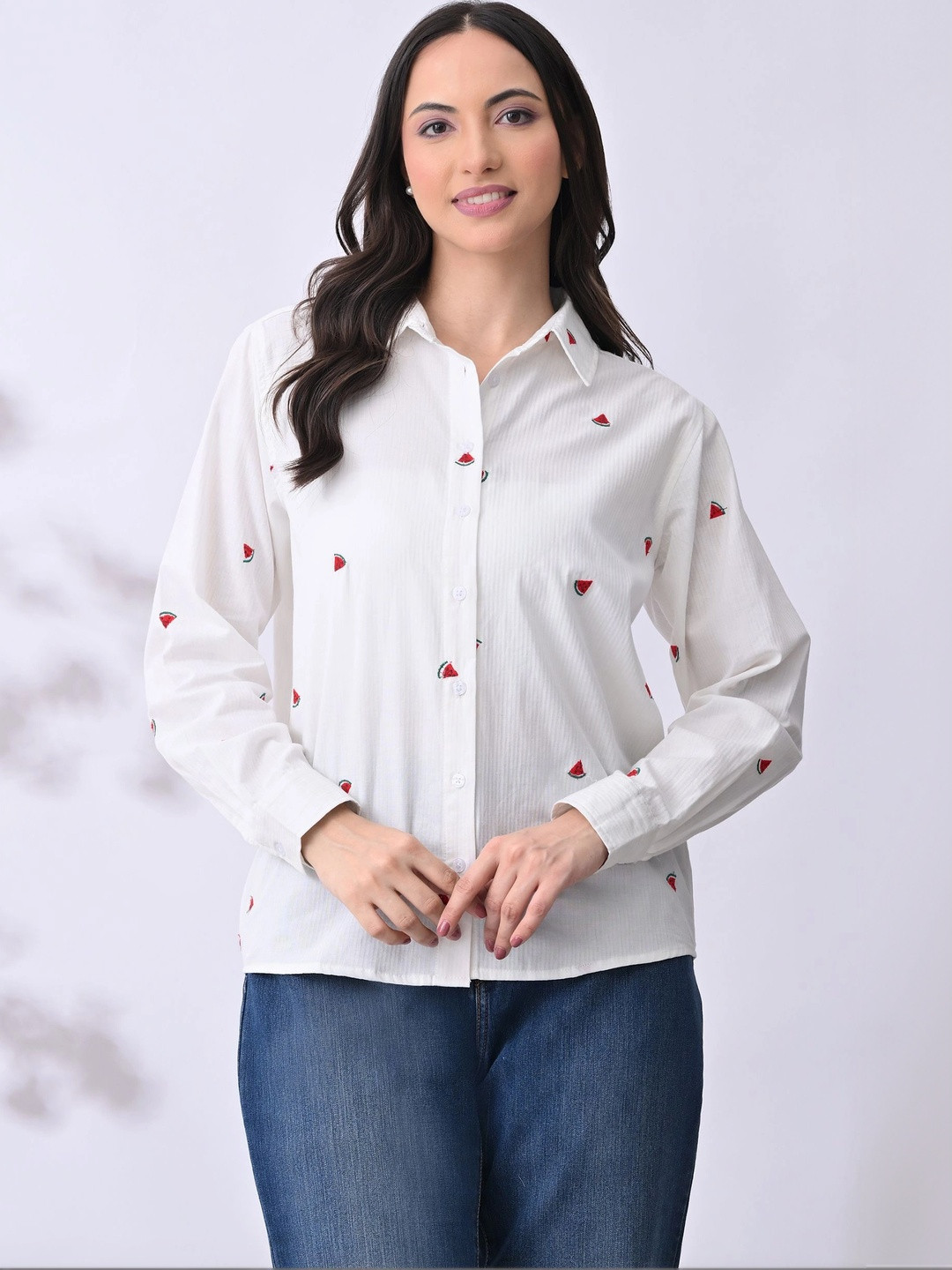 BEVOLKEN Women Comfort Fit Conversational Printed Spread Collar Cotton Casual Shirt