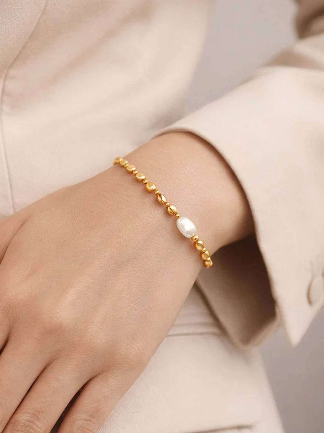 Rubans Demifine 18k Gold Plated Stainless Steel Pearl Beaded Chain Bracelet