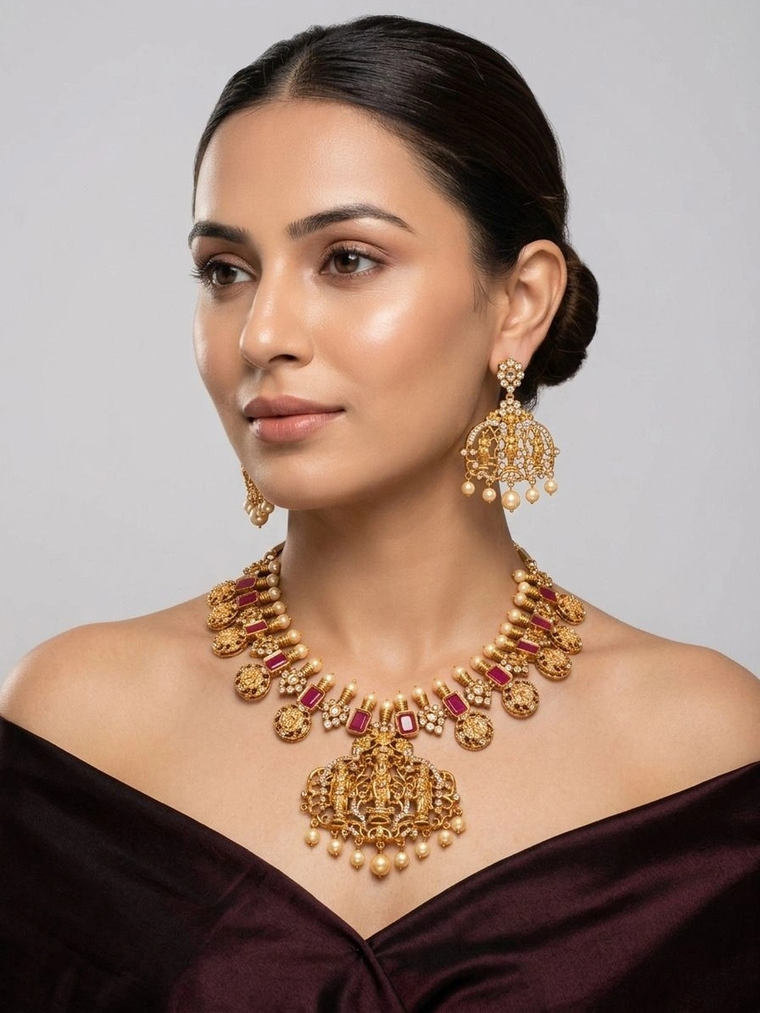 Adwitiya Collection 24CT Gold-Plated Red Stone Studded Temple Jewellery Set