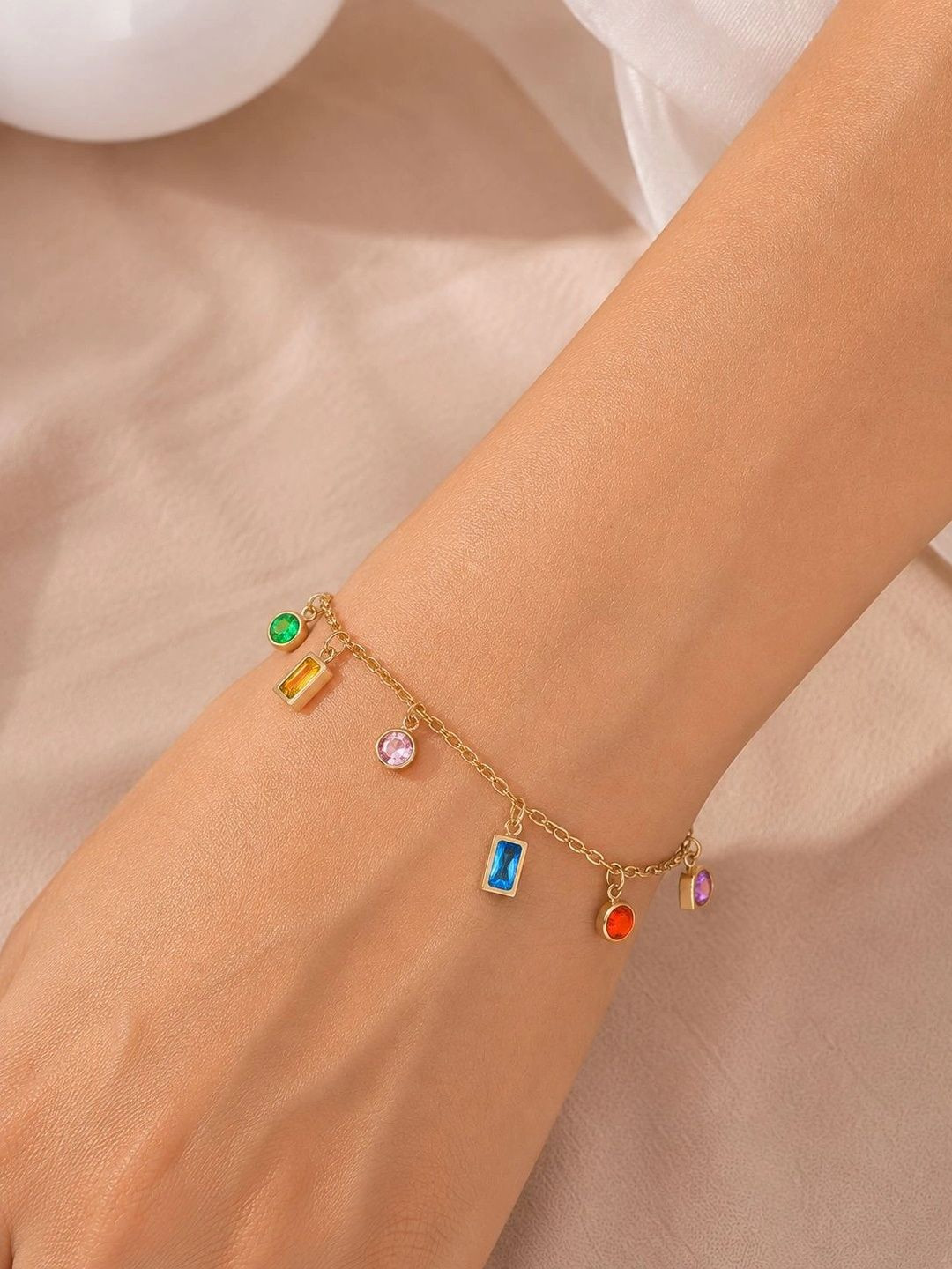 Rubans Demifine 18k Gold Plated Stainless Steel Multicolor Zircon Charm Chain Bracelet