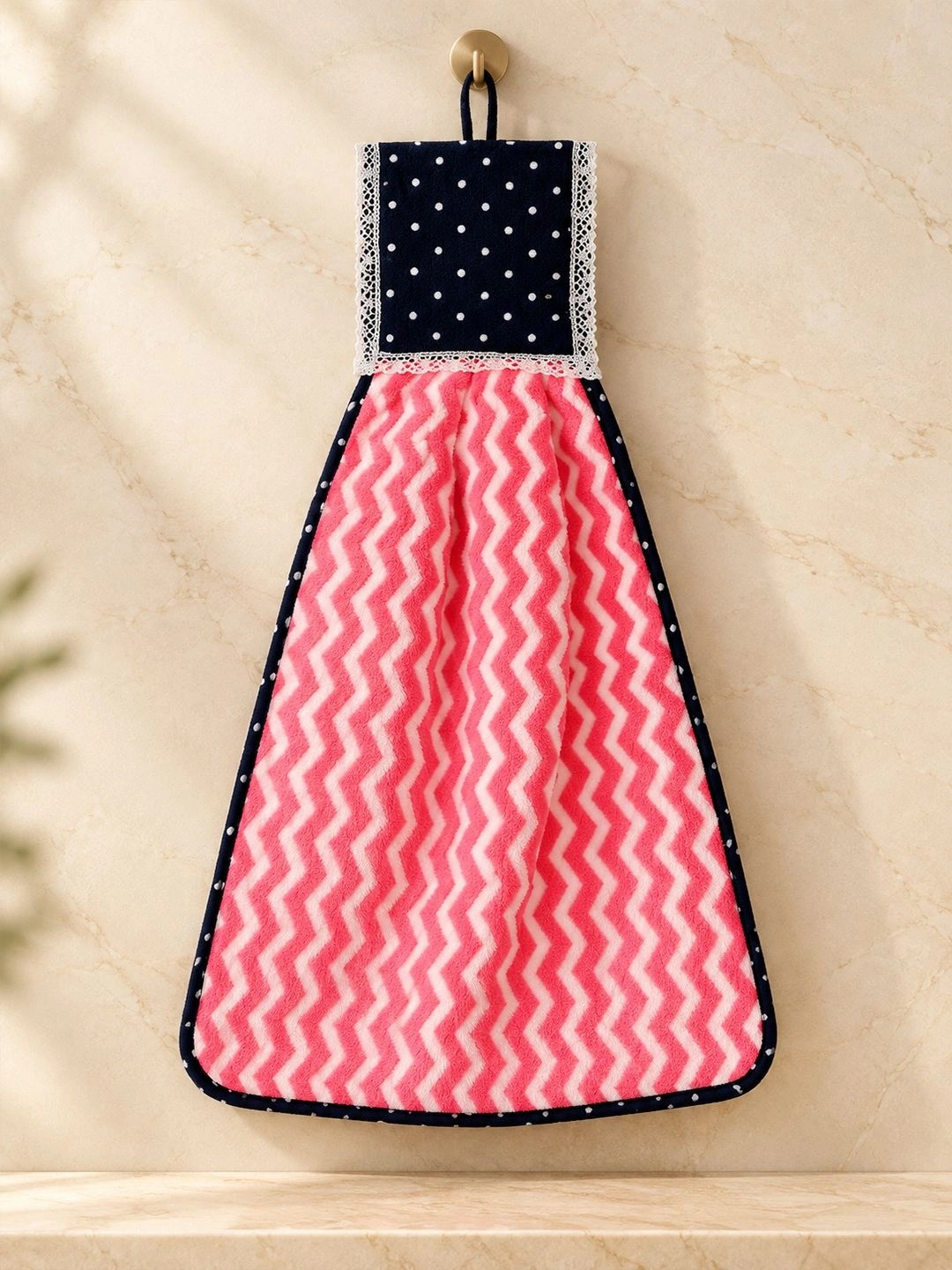 Kuber Industries Pink & White Zig Zag Washbasin Hanging Kitchen Towel With Ties